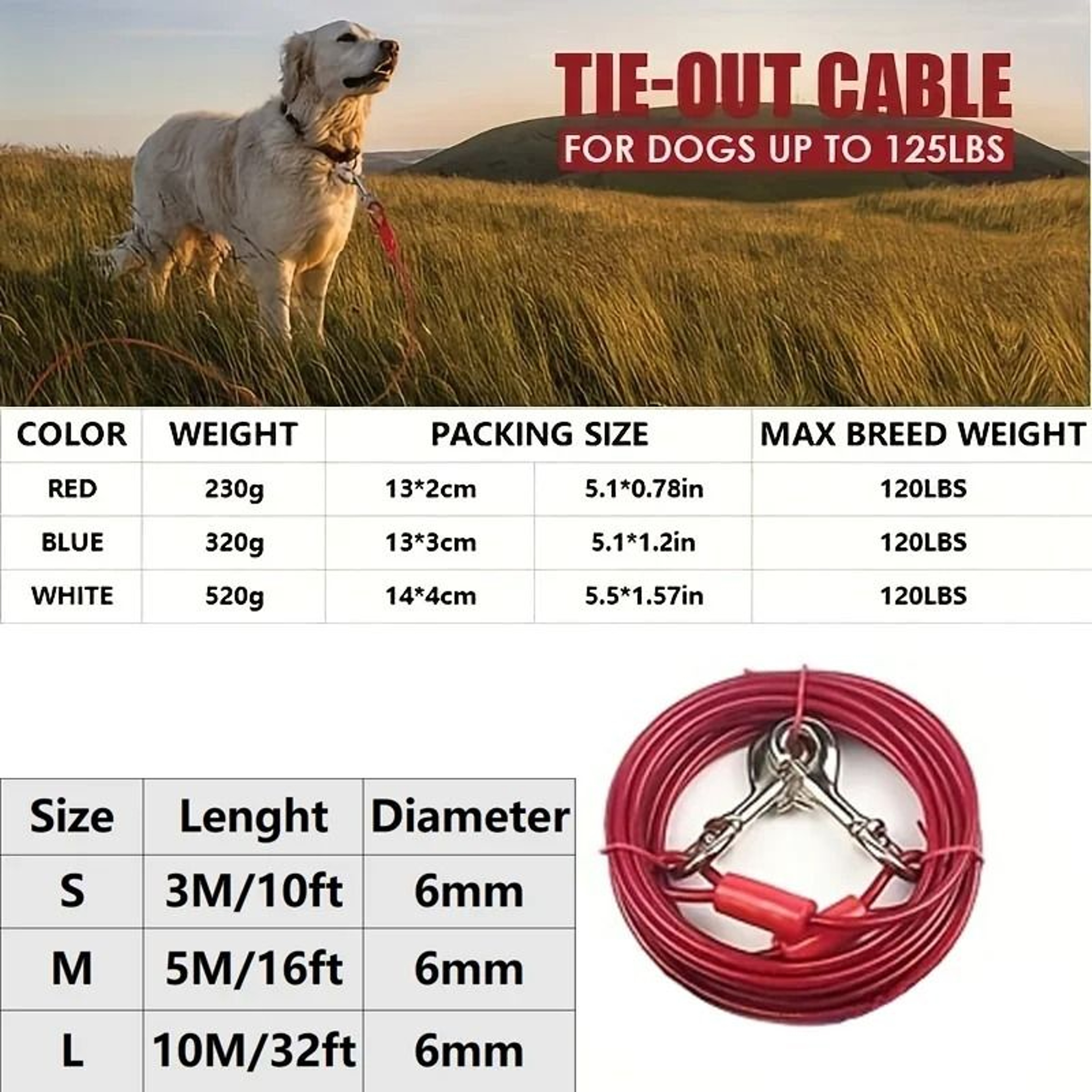 Professional Heavy Duty DoubleEnded Steel Wire TieOut Cable 1