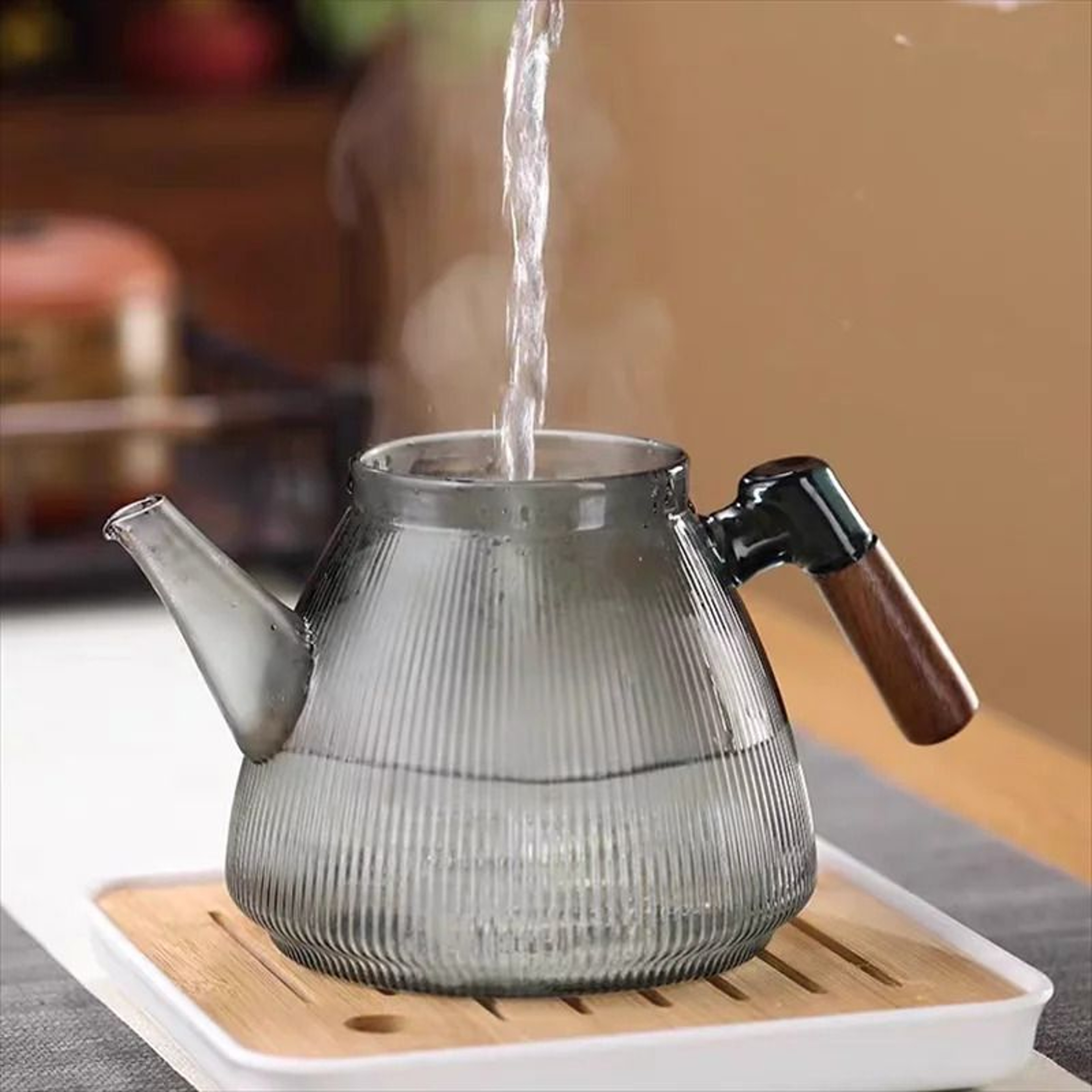 Stripe High Borosilicate Glass Teapot Walnut Handle 3
