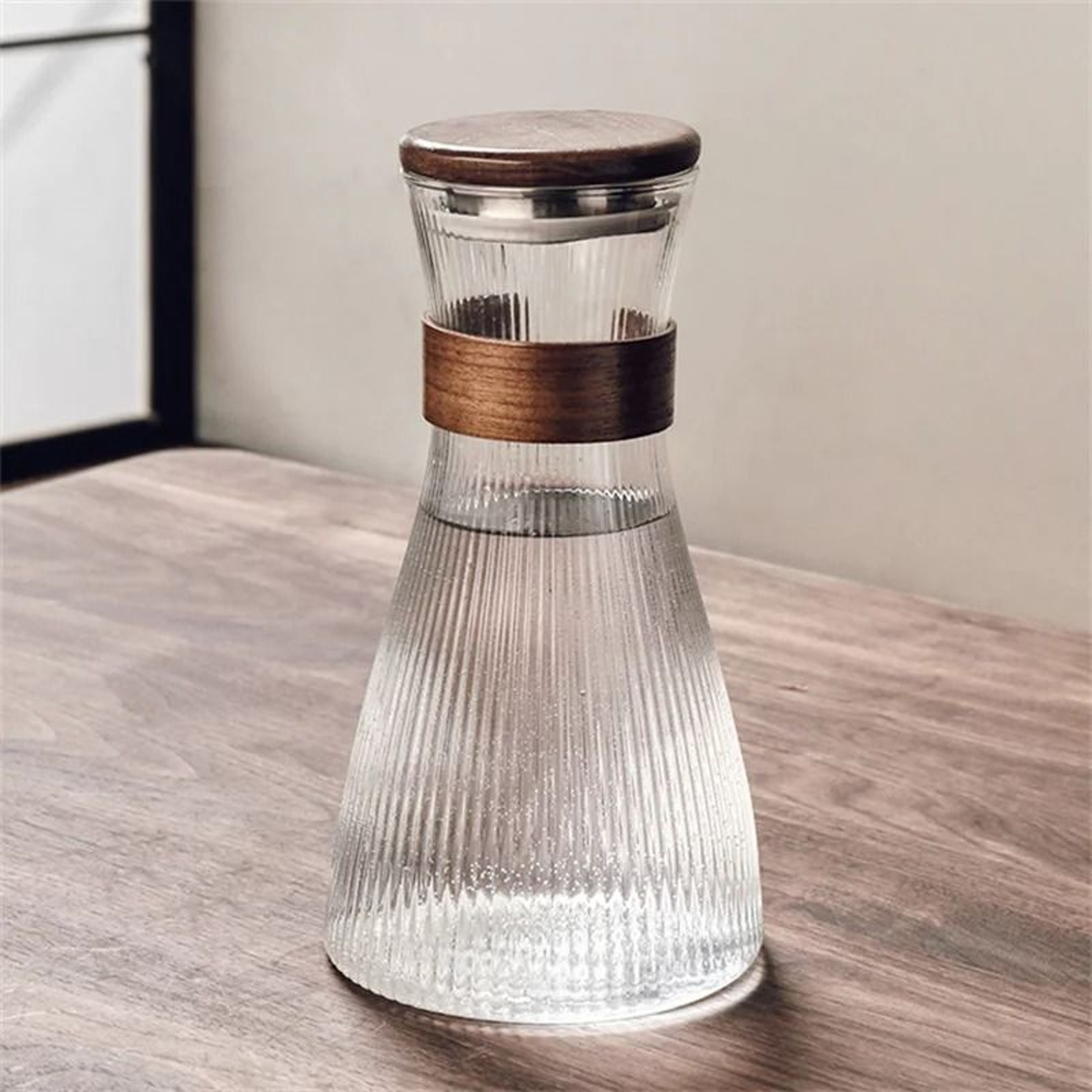 Japanese Style Glass Cold Water Jug With Walnut Sleeve 1