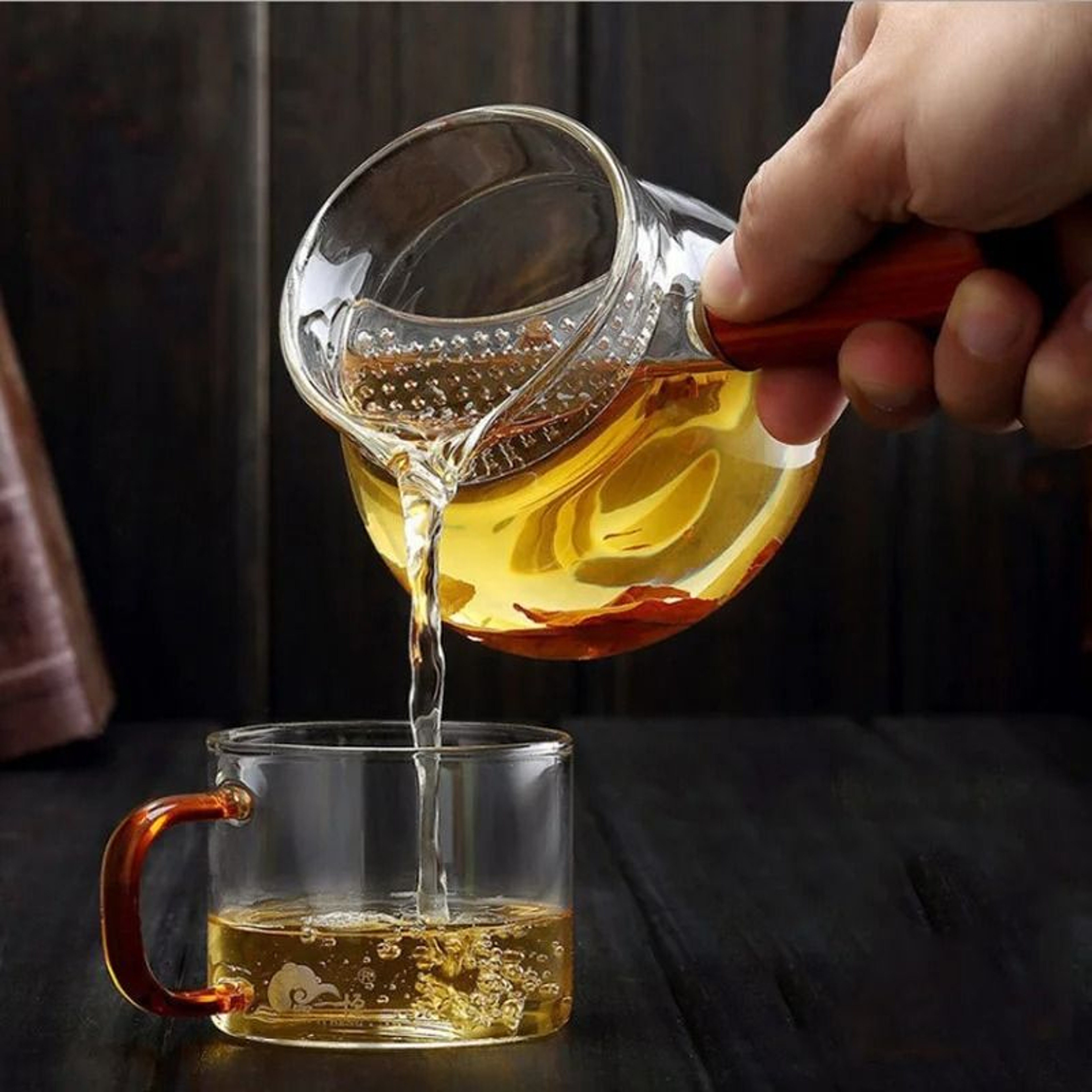 Side Long Wooden Handle High Borosilicate Glass Tea Dispenser Fair Cup 3