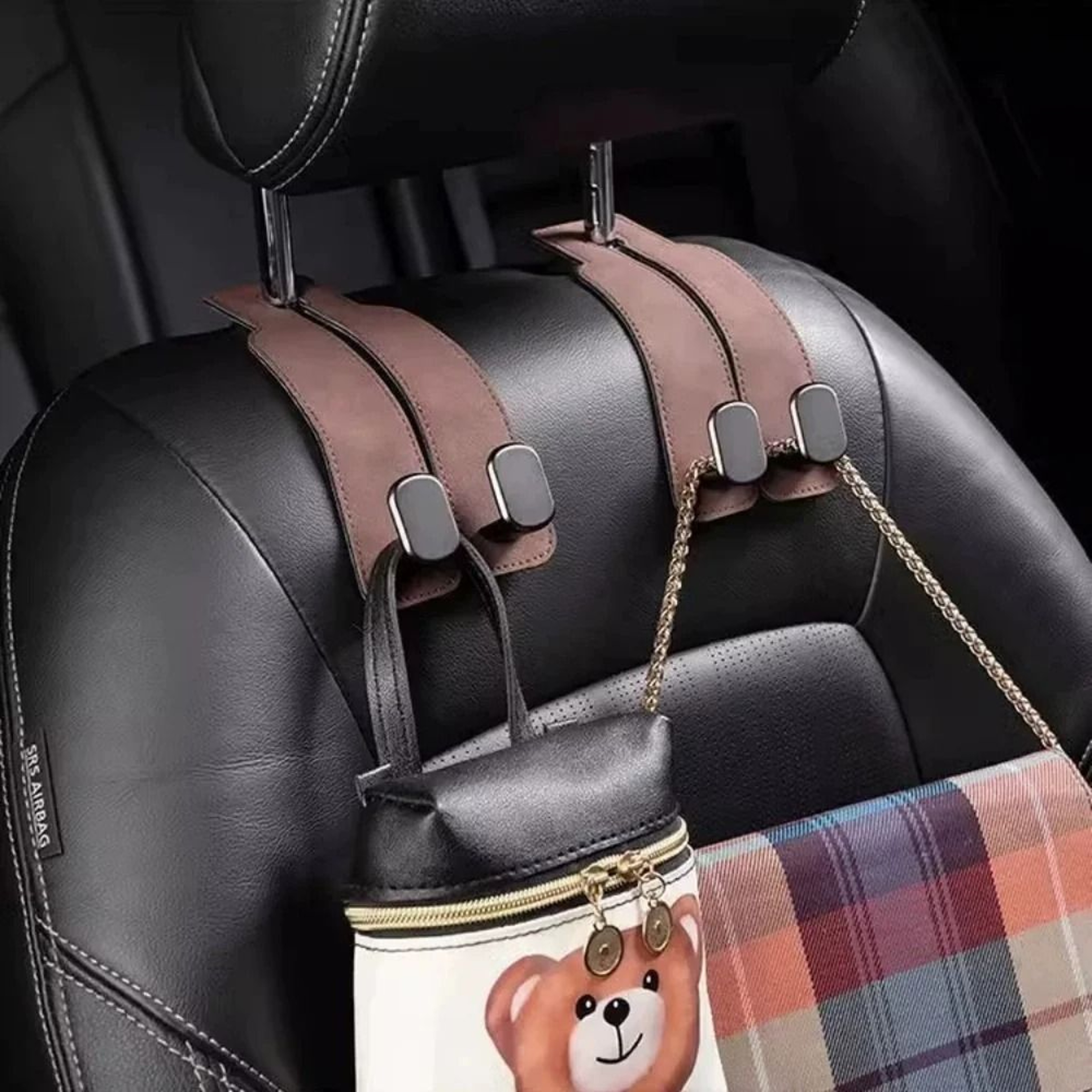 Universal Vegan Leather Car Headrest Hook And Luxury Interior Organizer 4