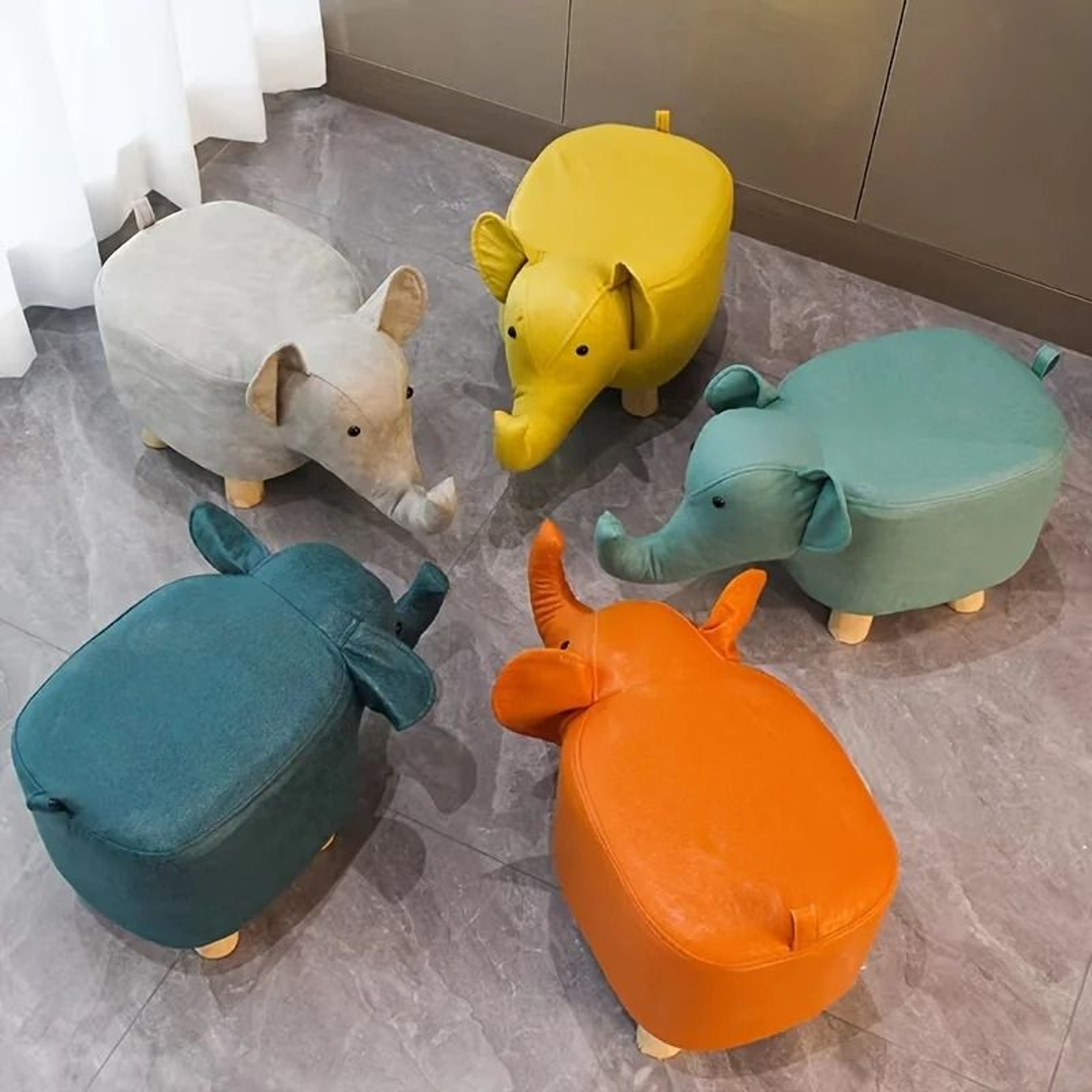 Creative Elephant Stool  Solid Wood  TechCloth Animal Footrest For Children 1