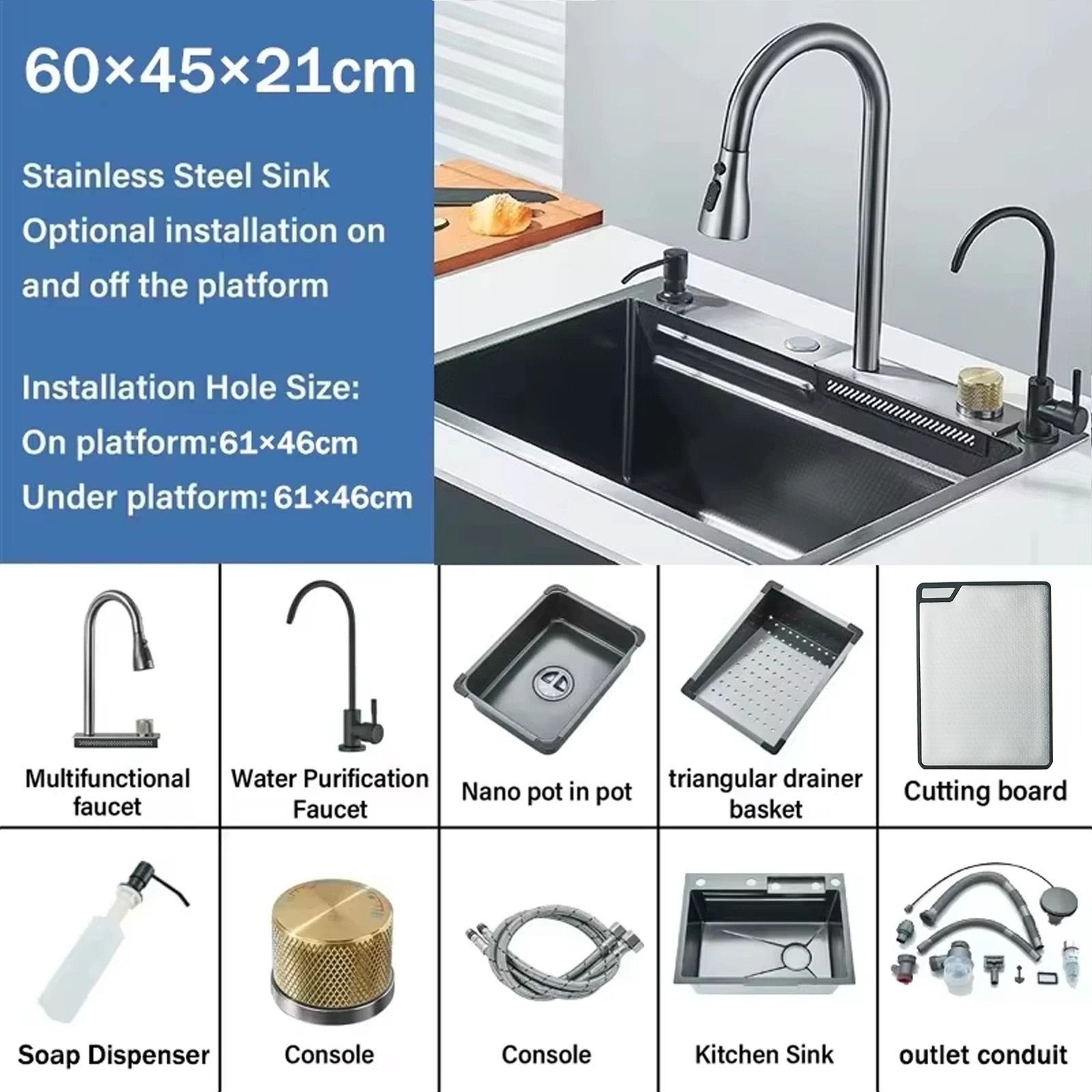 304 Stainless Steel Waterfall Kitchen Sink  Large Single Basin With Integrated Cup Washer 5