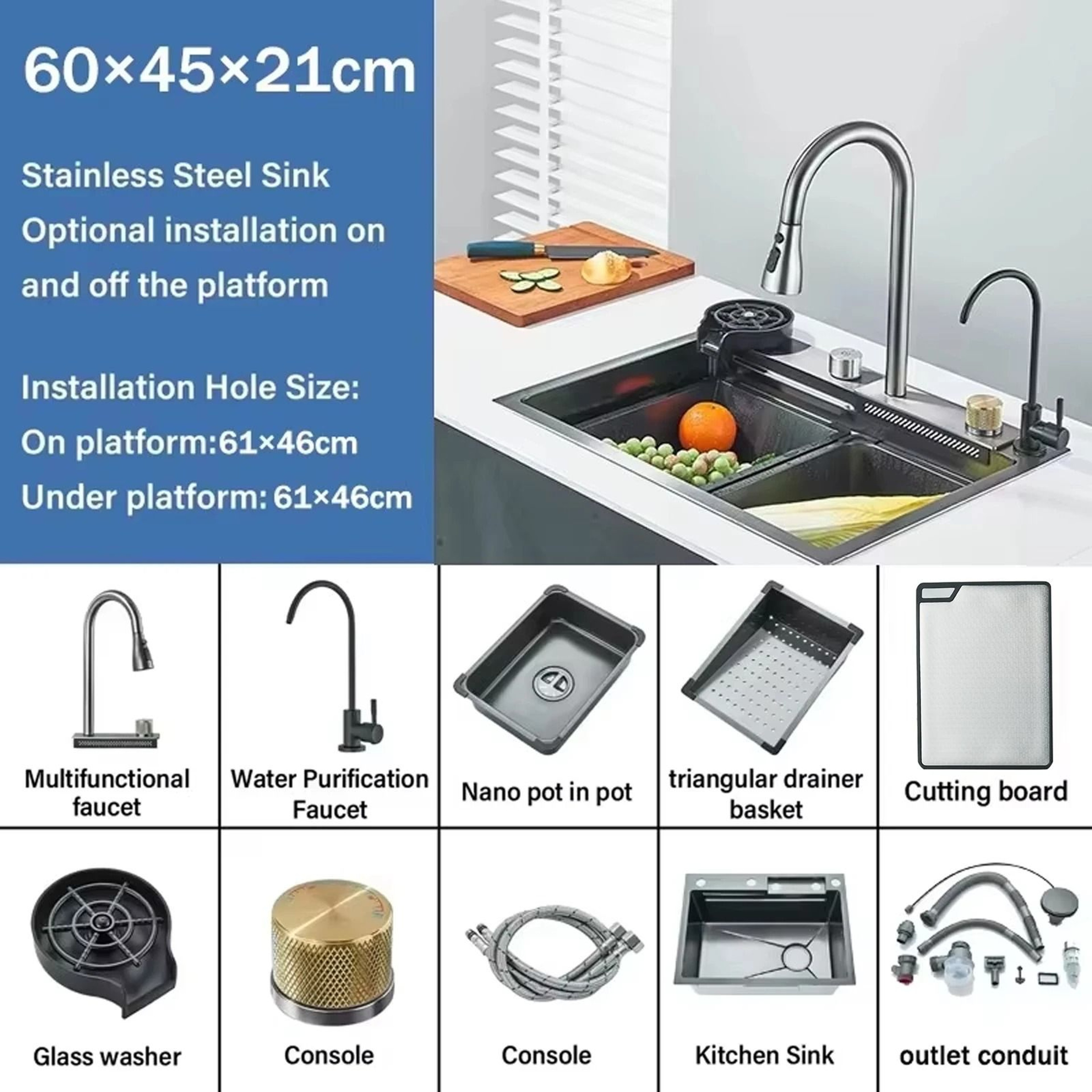 304 Stainless Steel Waterfall Kitchen Sink  Large Single Basin With Integrated Cup Washer 6