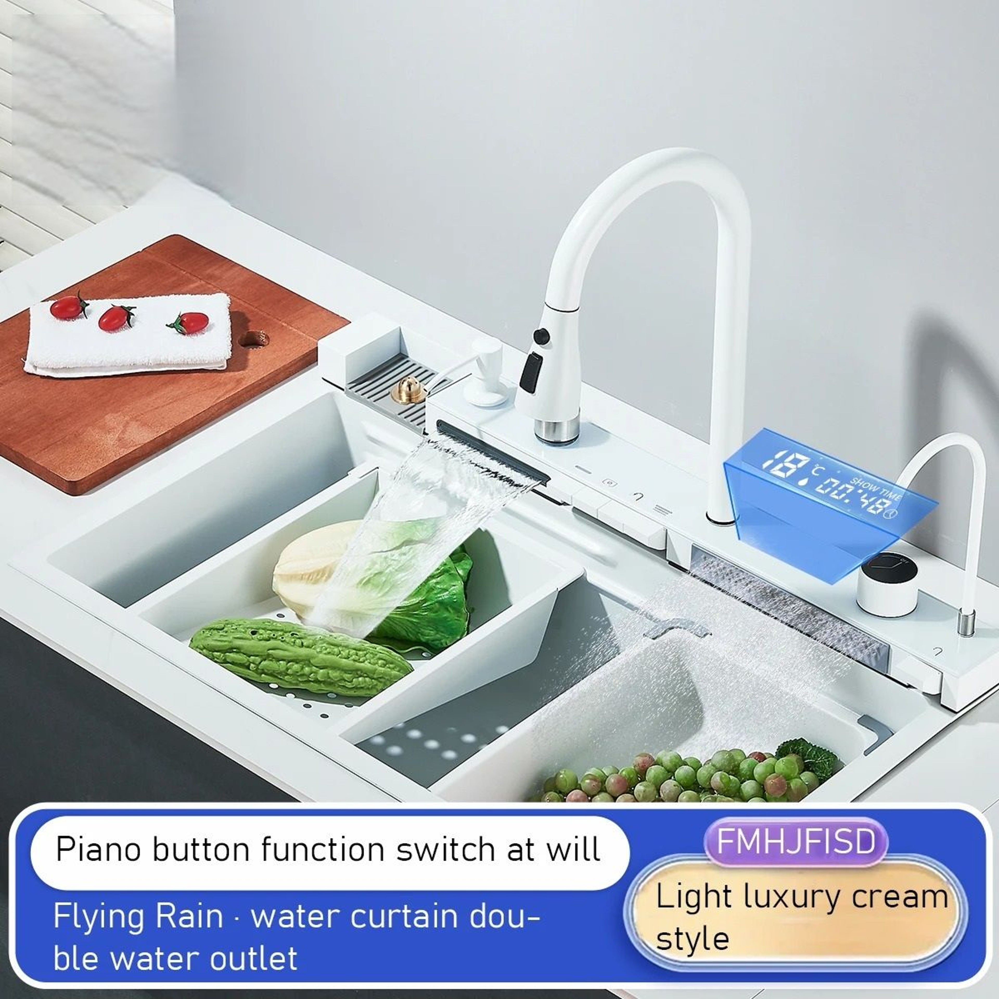 White Nano Stainless Steel Kitchen Sink  Double Waterfall Smart Digital Display Set 0
