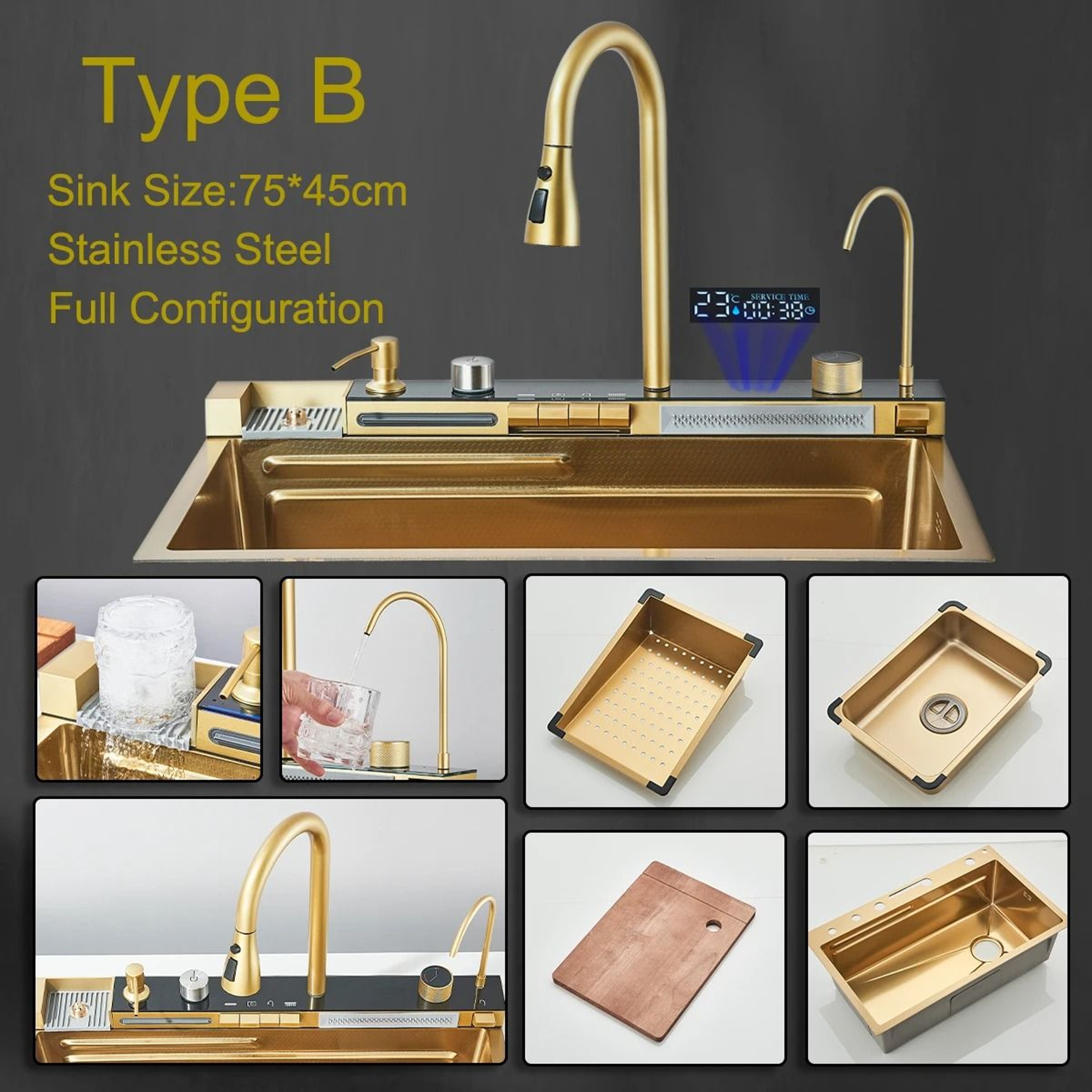 White Nano Stainless Steel Kitchen Sink  Double Waterfall Smart Digital Display Set 8