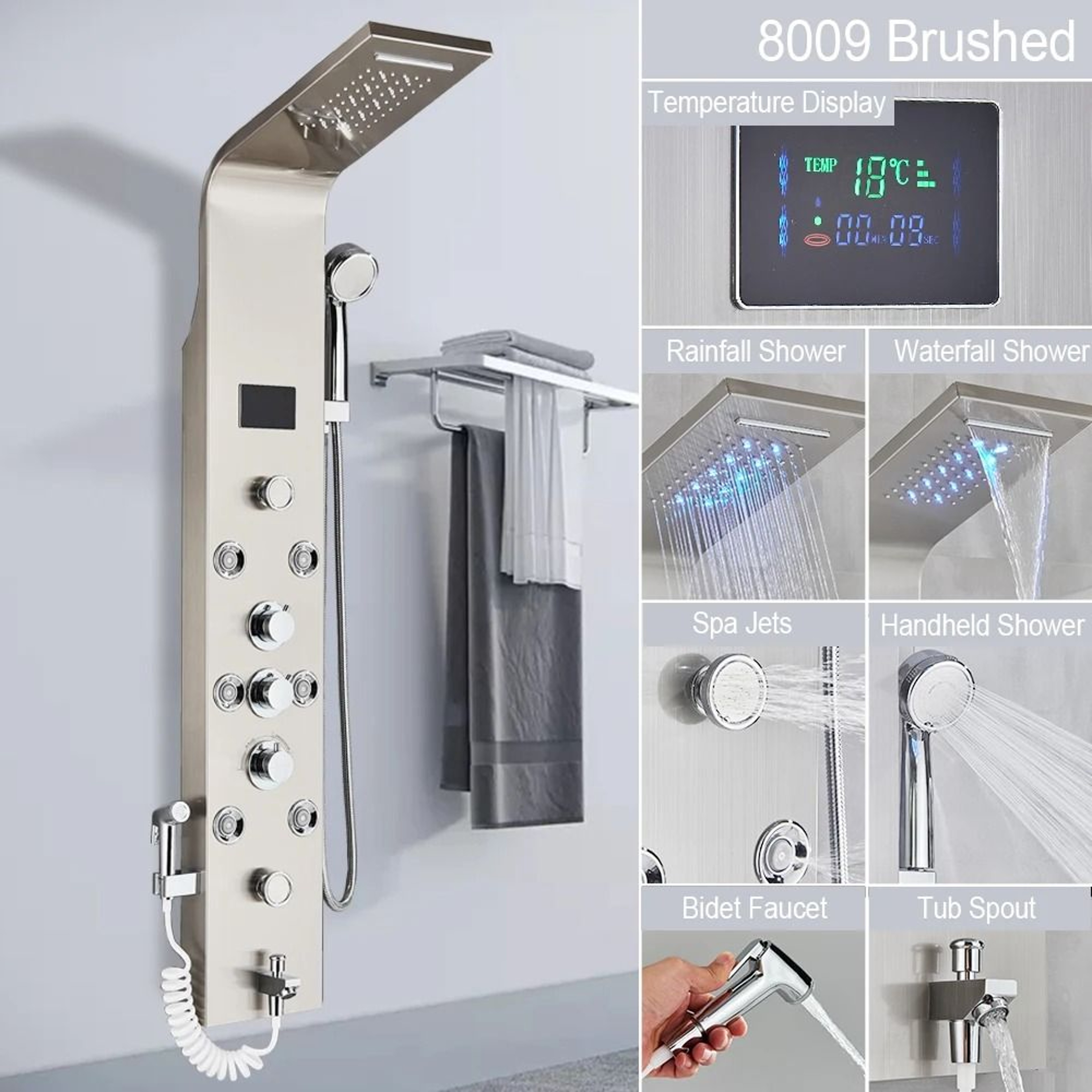 Black LED Light Shower Panel System  Modern Waterfall SPA Massage Column 10