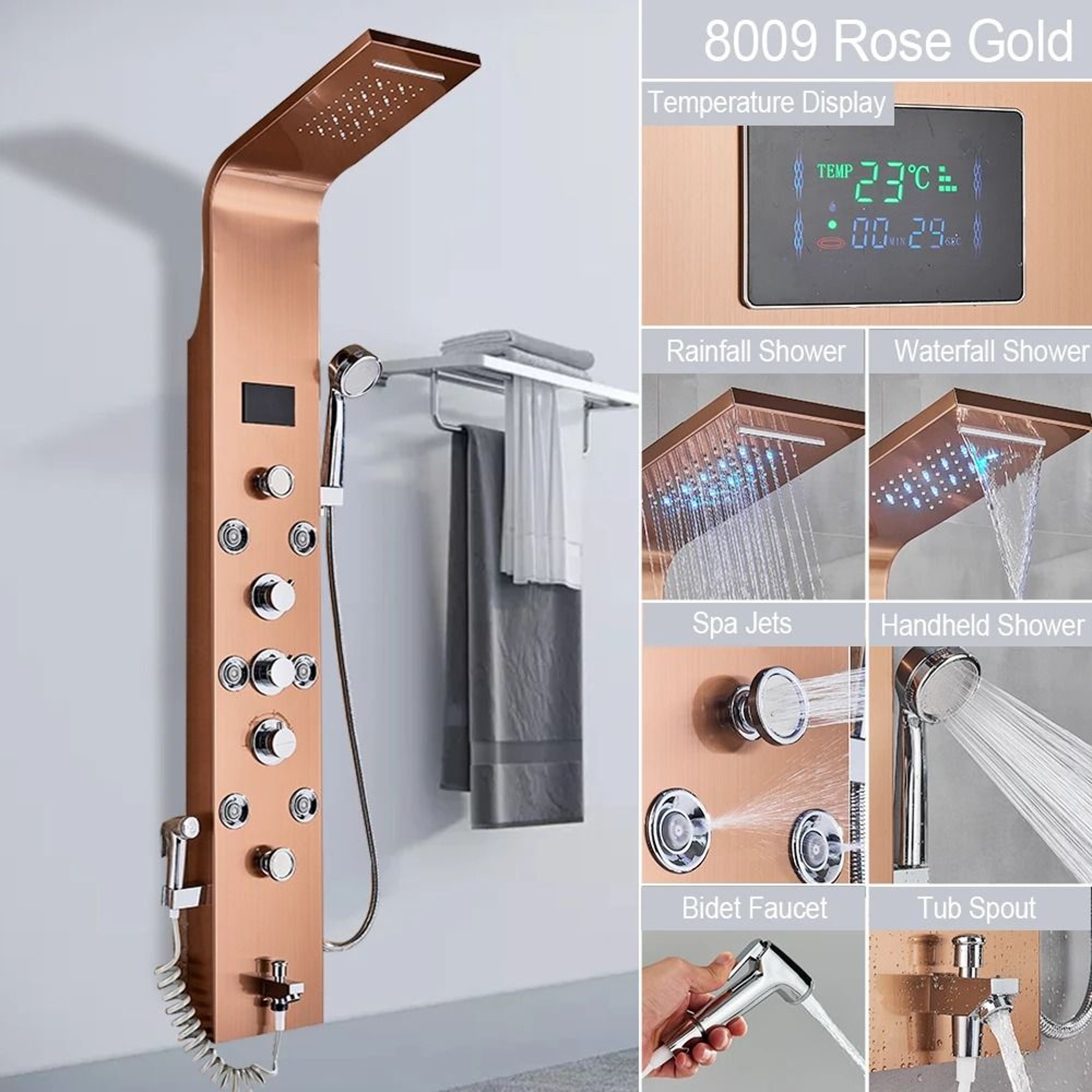 Black LED Light Shower Panel System  Modern Waterfall SPA Massage Column 11