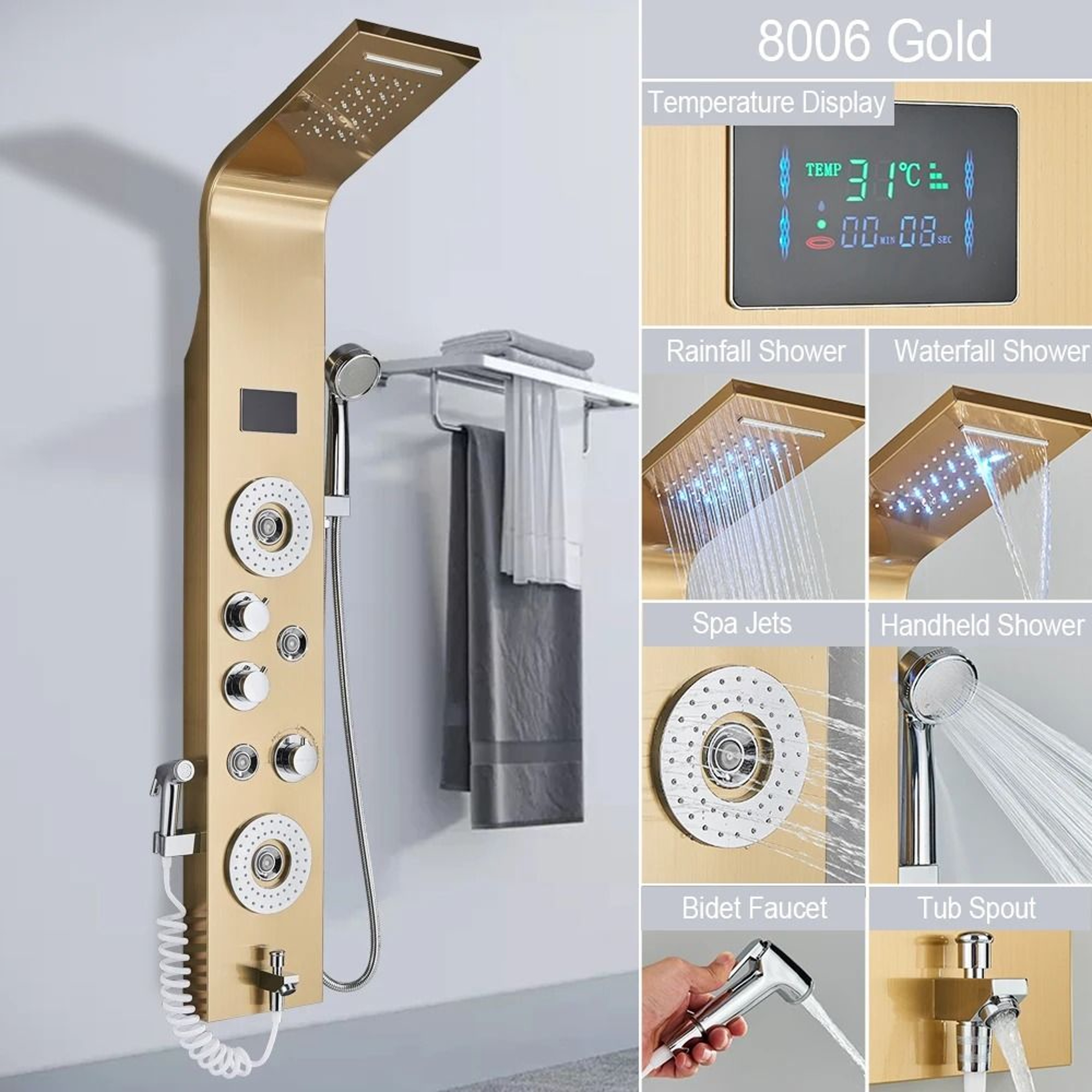 Black LED Light Shower Panel System  Modern Waterfall SPA Massage Column 12