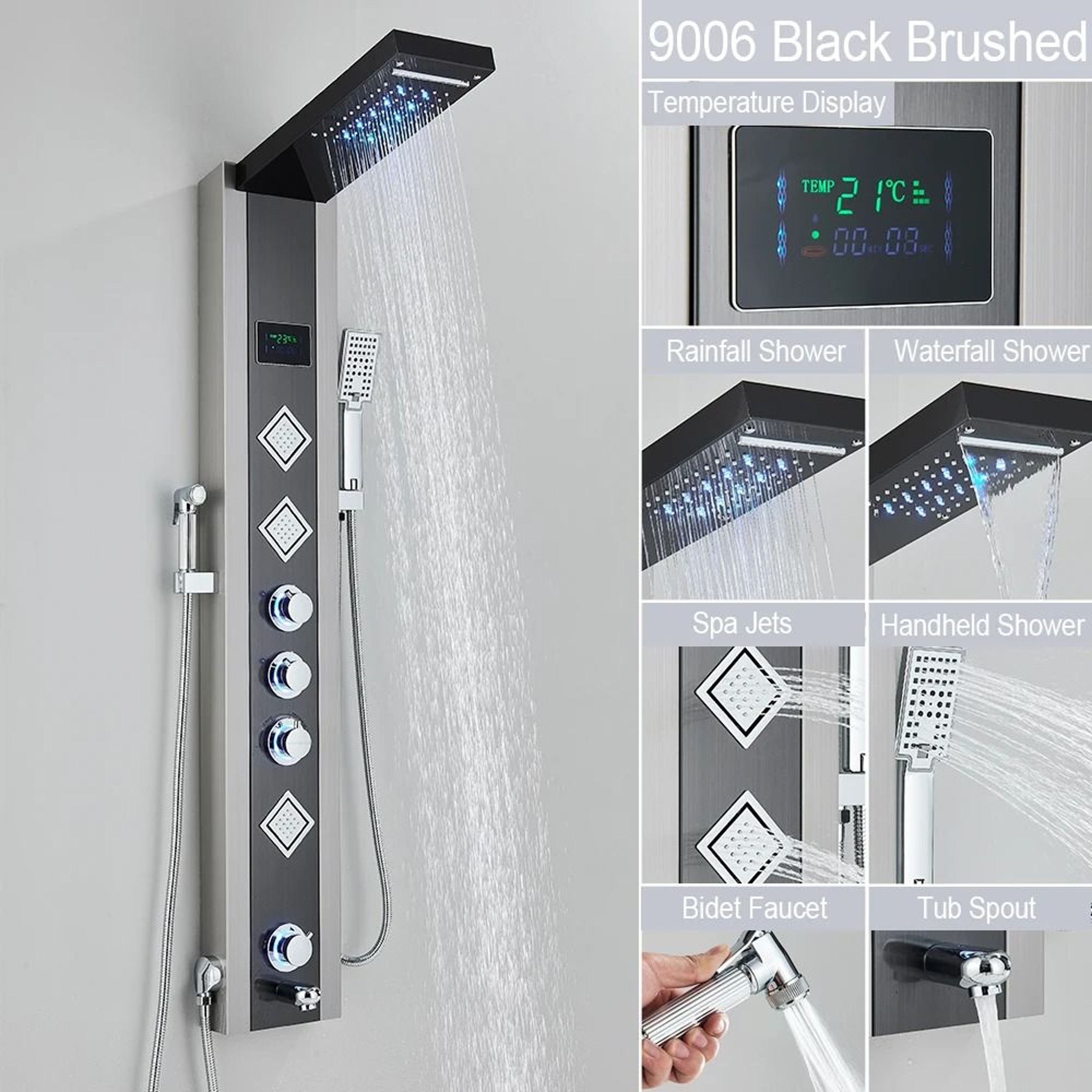 Black LED Light Shower Panel System  Modern Waterfall SPA Massage Column 13