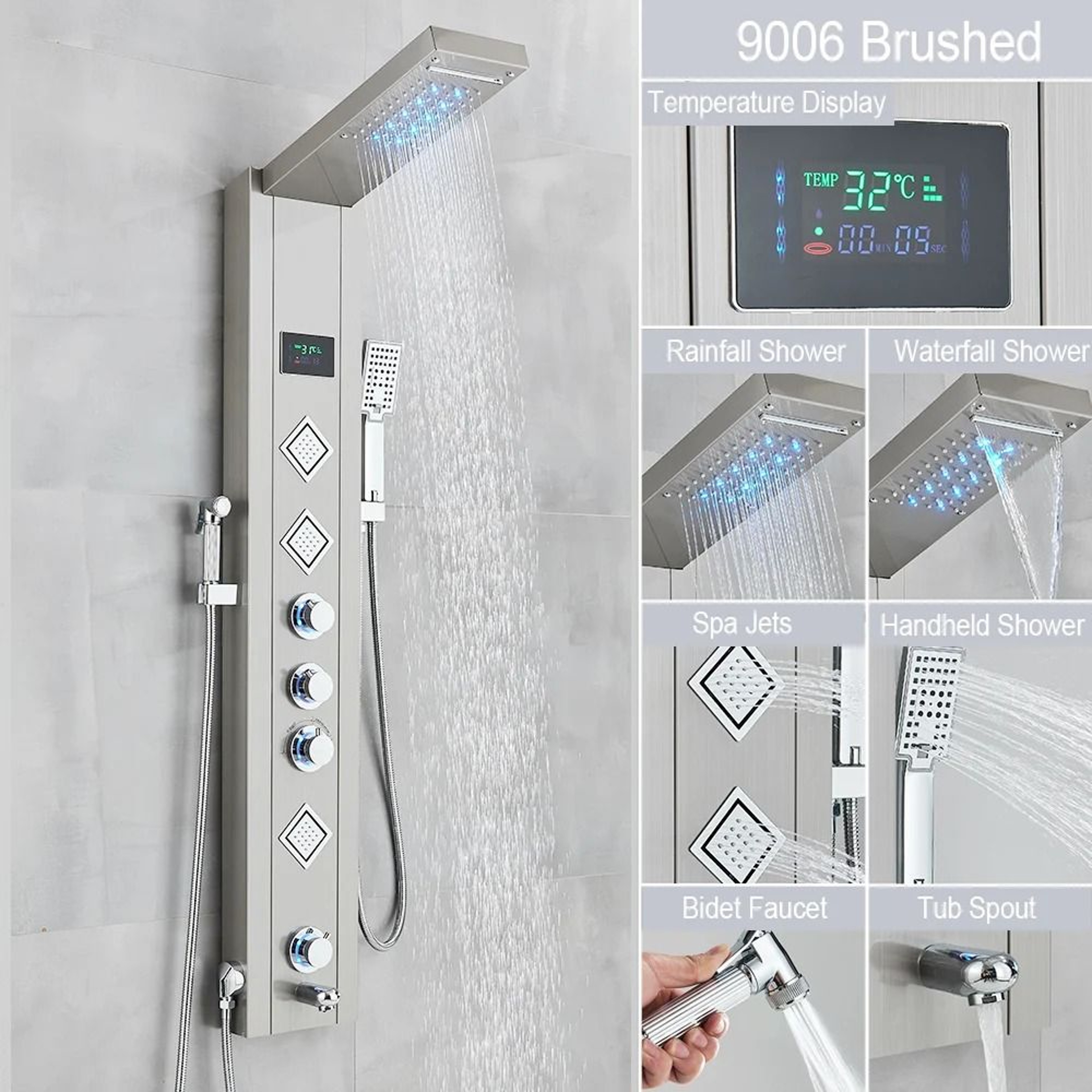 Black LED Light Shower Panel System  Modern Waterfall SPA Massage Column 14