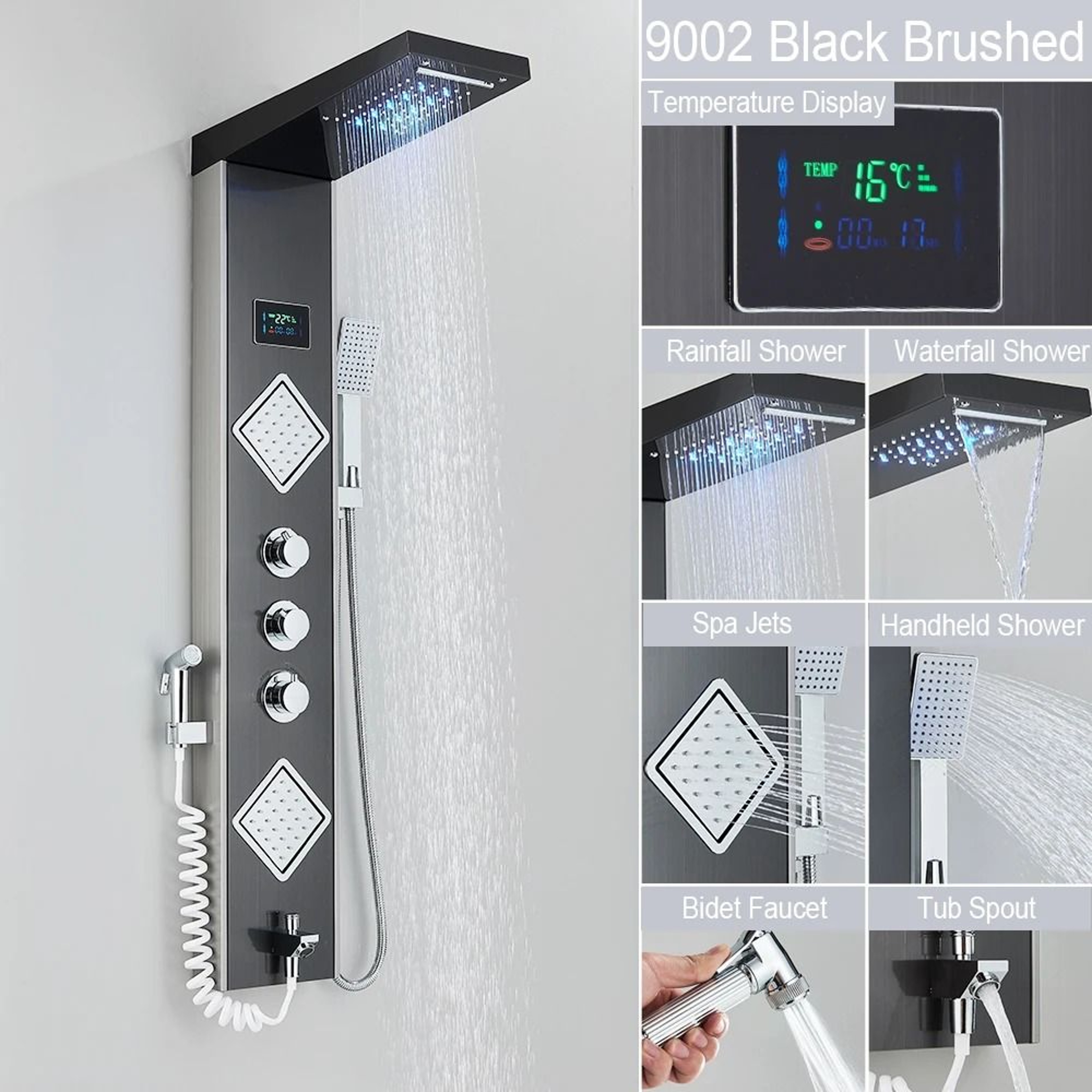 Black LED Light Shower Panel System  Modern Waterfall SPA Massage Column 16