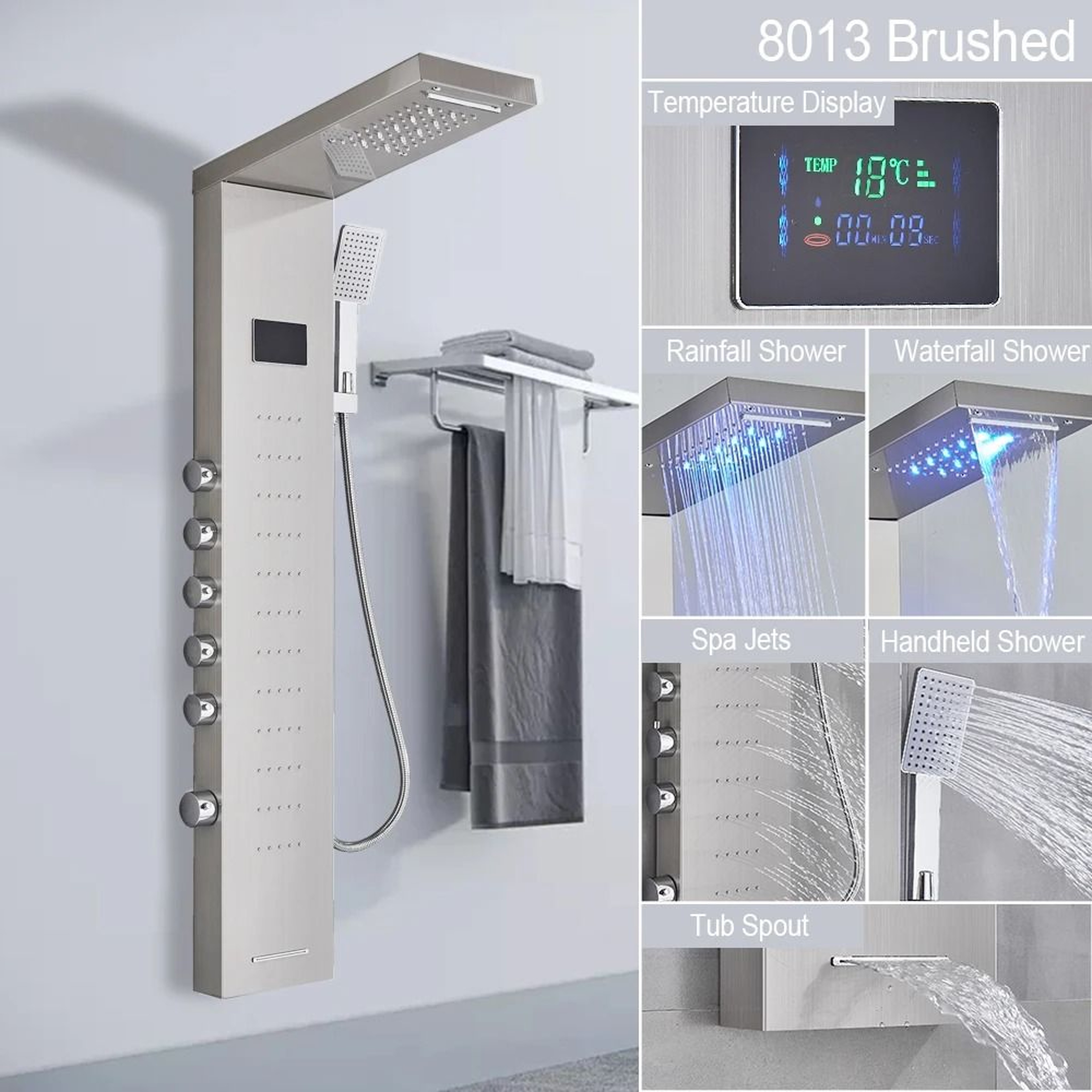 Black LED Light Shower Panel System  Modern Waterfall SPA Massage Column 17
