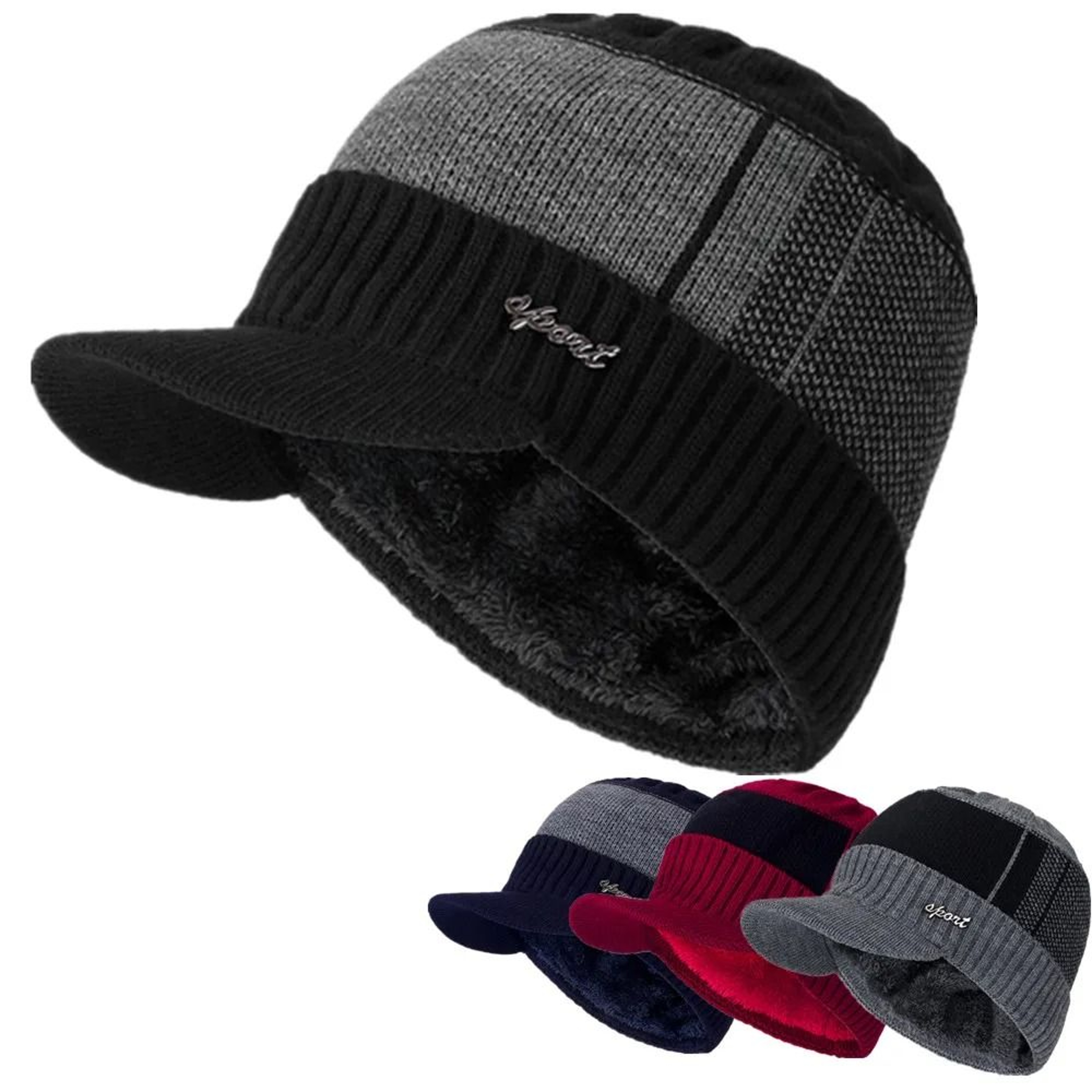 Thicken FurLined Winter Beanie With Brim  Unisex Thermal Knitted Hat 1