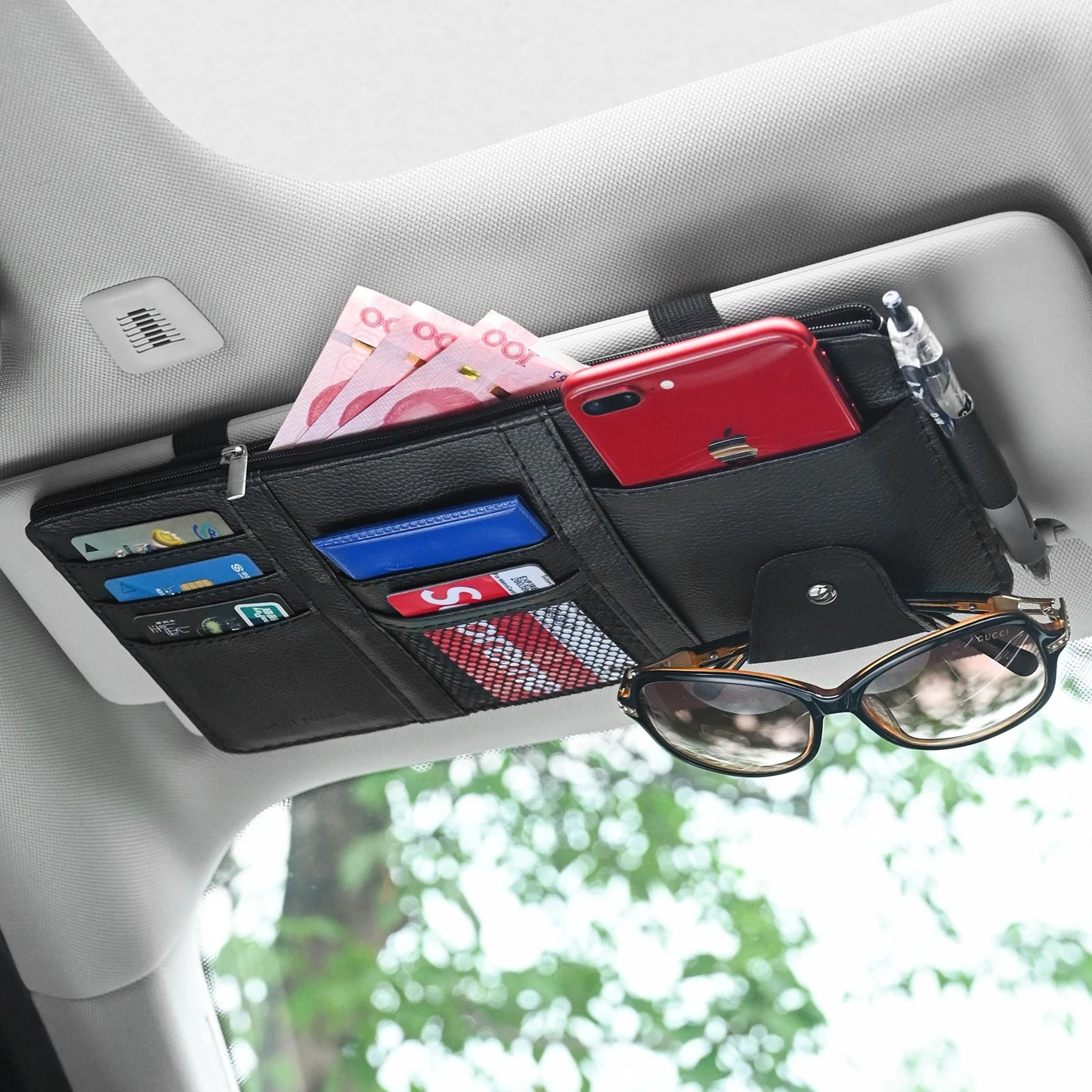 Universal Leatherette Sun Visor Organizer  MultiFunction Travel Storage Hub 7