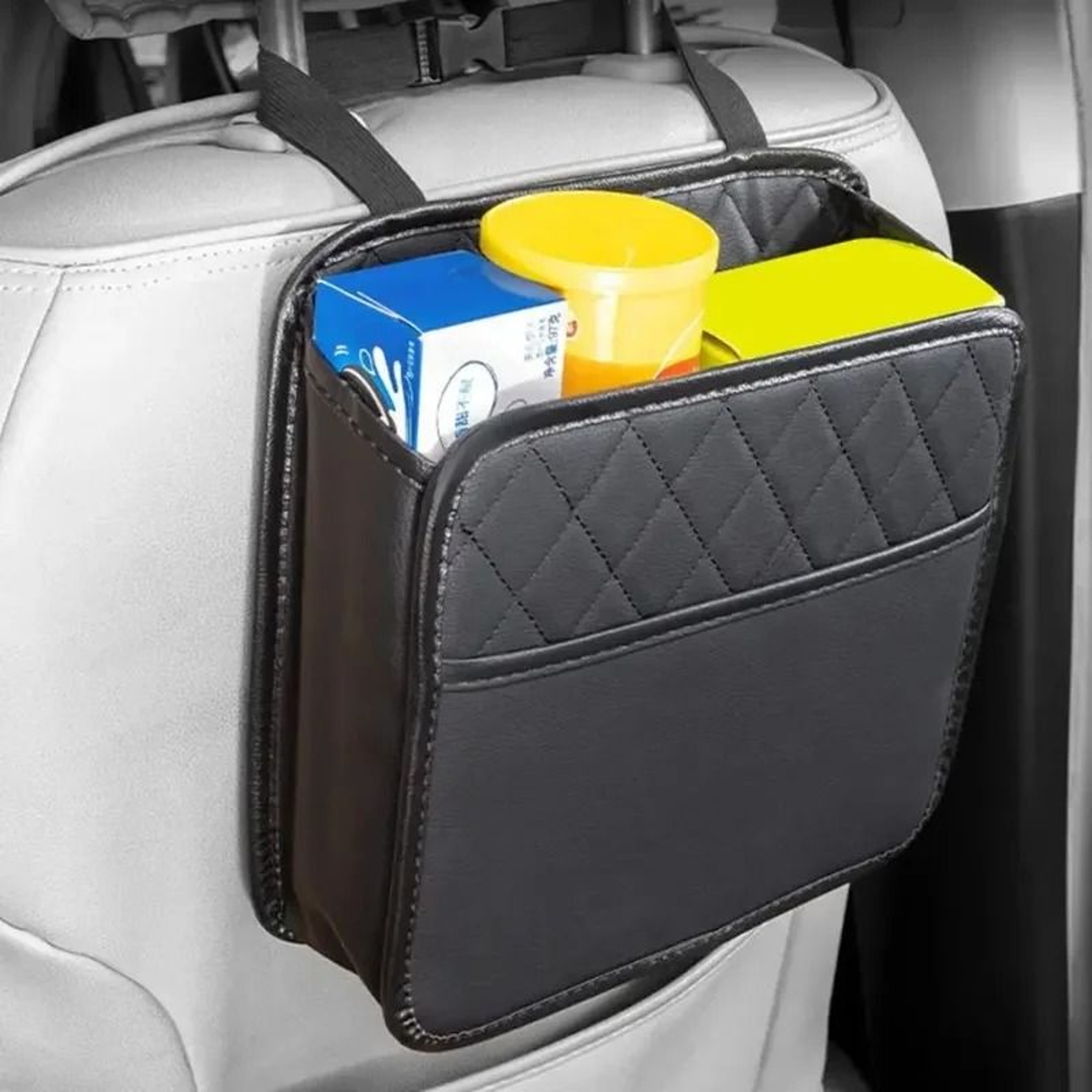 Luxury Quilted Leather Seat Back Organizer  MultiFunctional Folding Storage Hub 0