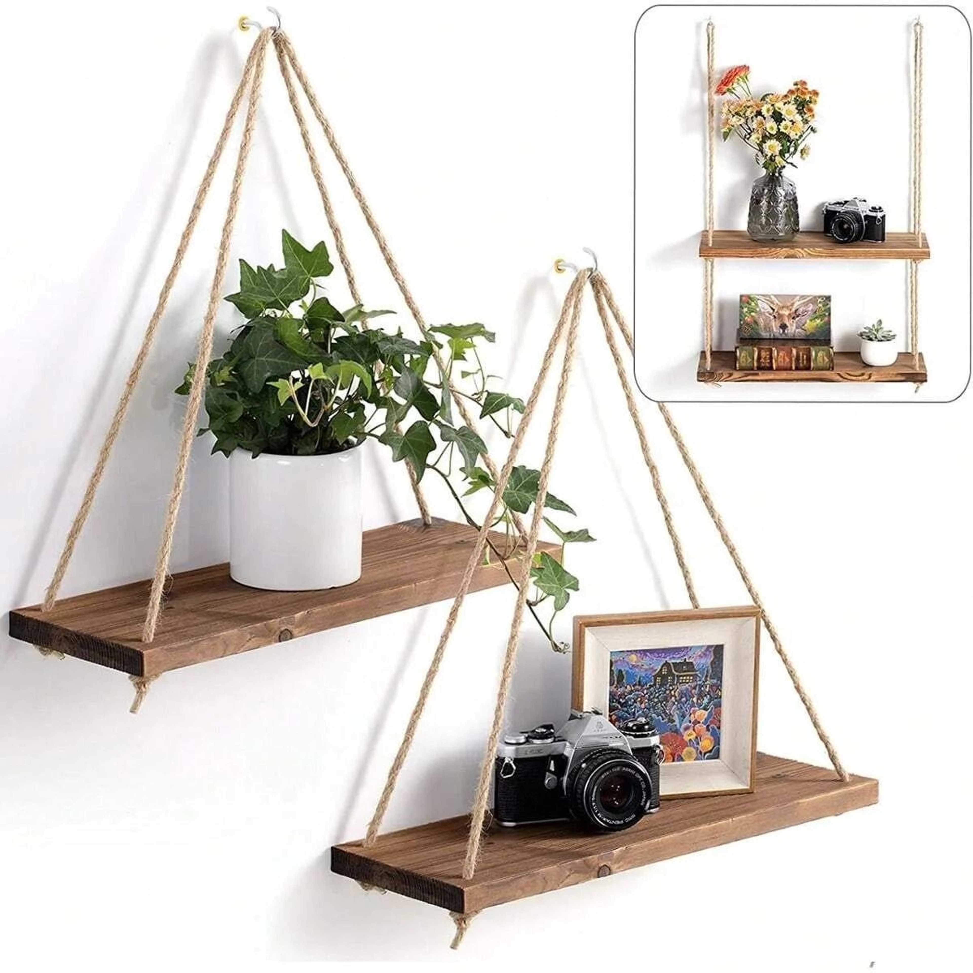 Floating Wooden Hanging Shelf  WallMounted Rope Storage Rack For Plants  Home Decor 0