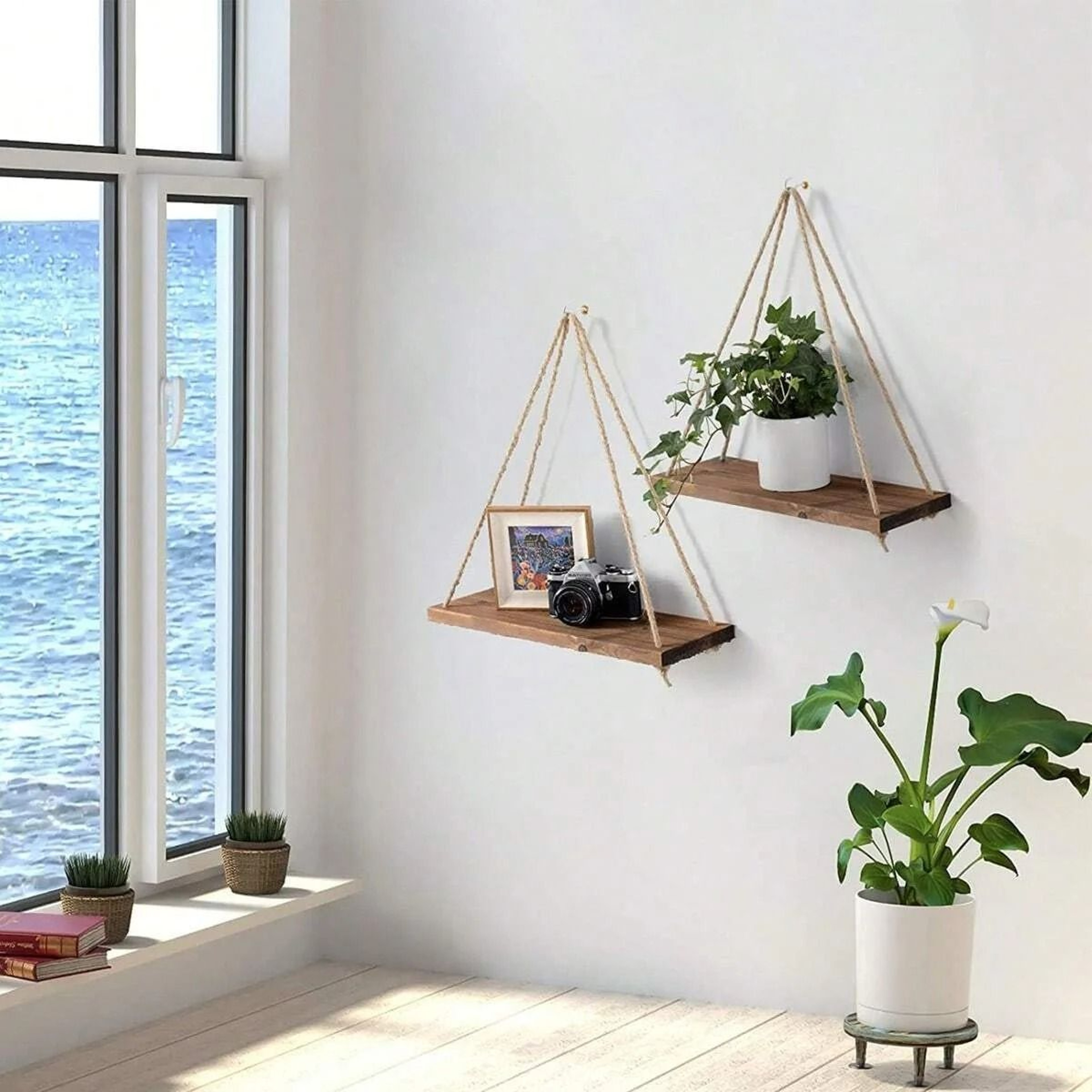 Floating Wooden Hanging Shelf  WallMounted Rope Storage Rack For Plants  Home Decor 1