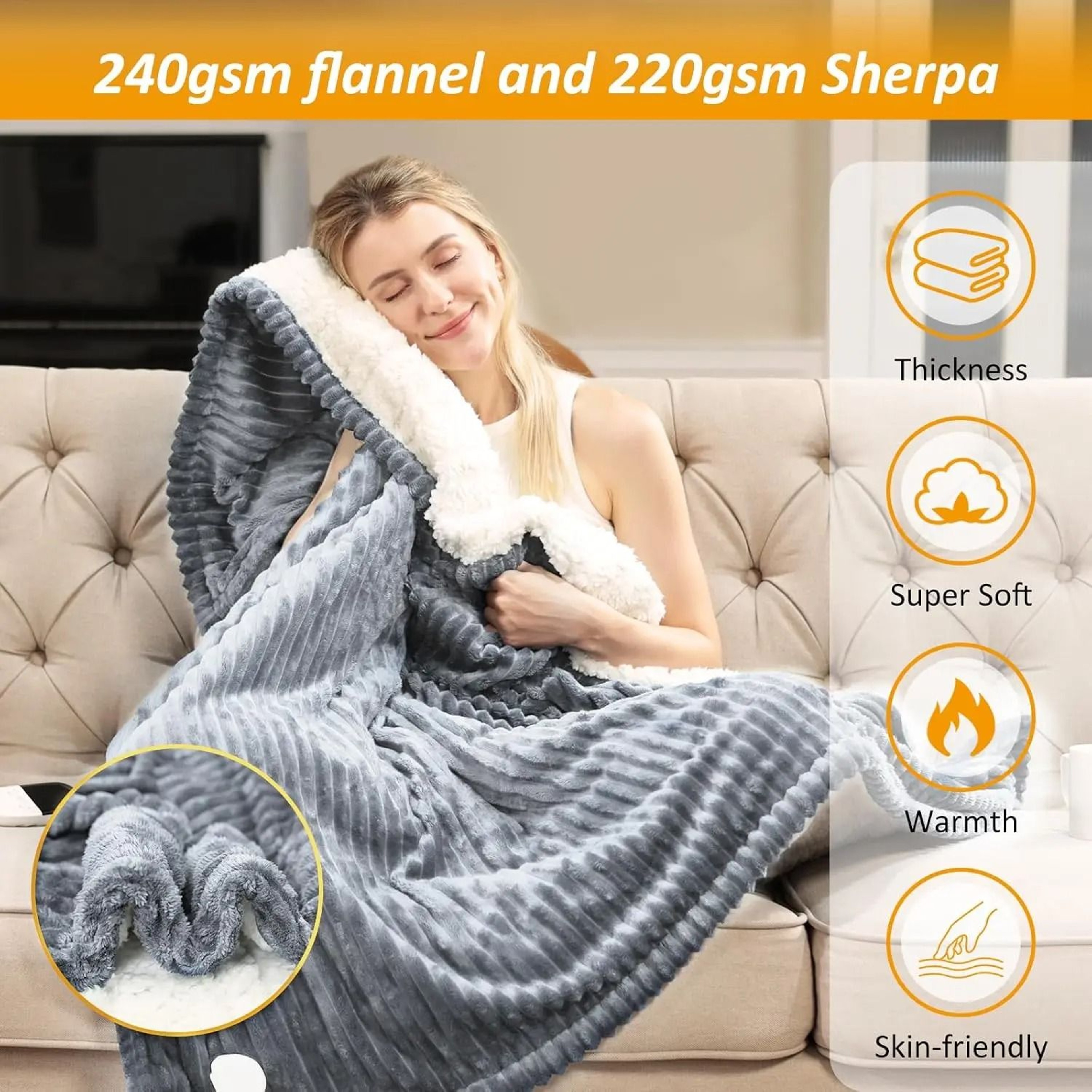 Striped Flannel Heated Blanket  6Speed Temperature Control  5Speed AutoOff Timer 3
