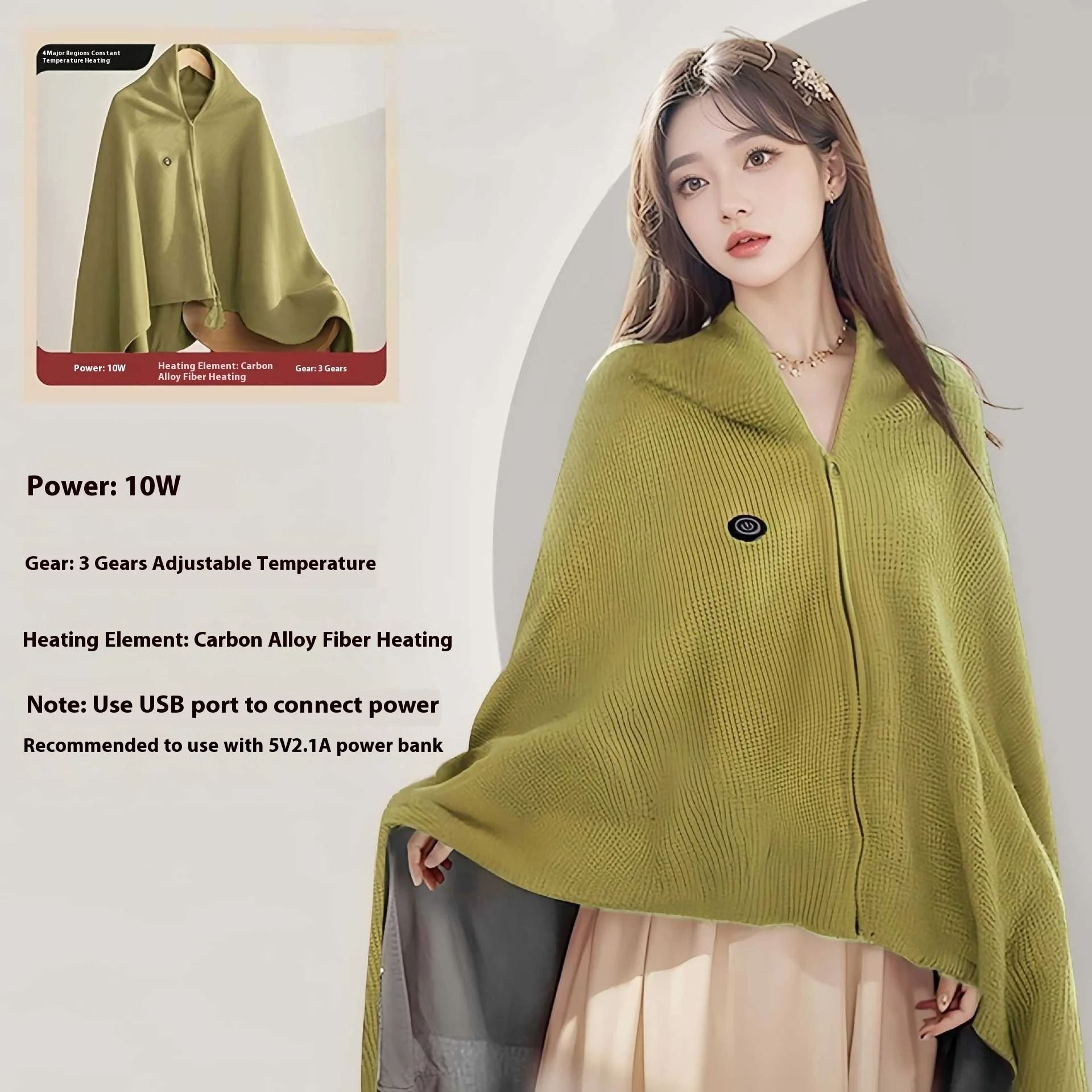 Wearable USBPowered Heating Shawl  Portable Electric Heated Throw Blanket For Home  Office 8
