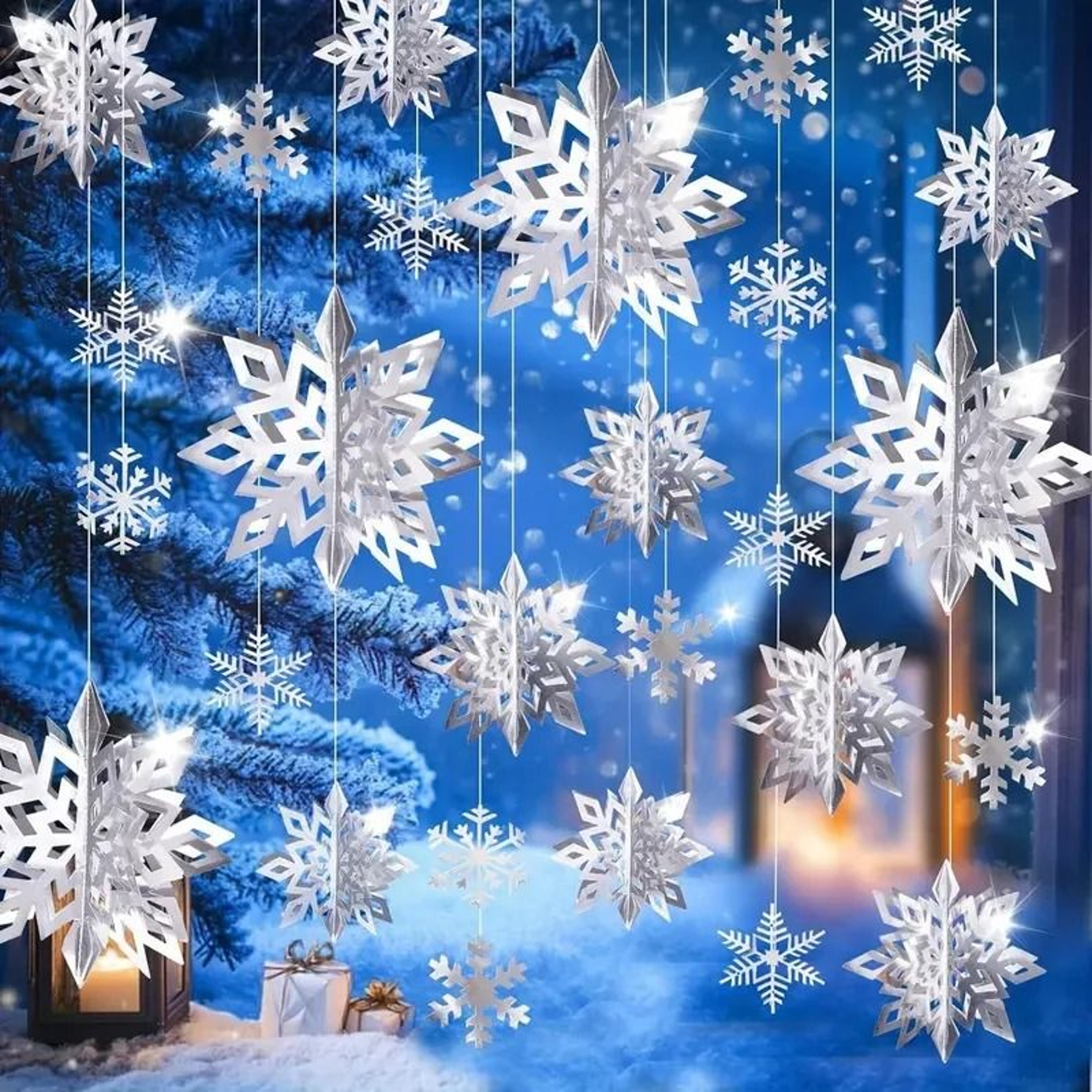 6Piece Iridescent 3D Hanging Snowflake Set  Rainbow Twinkle Large Ornaments For Festive Decor 6