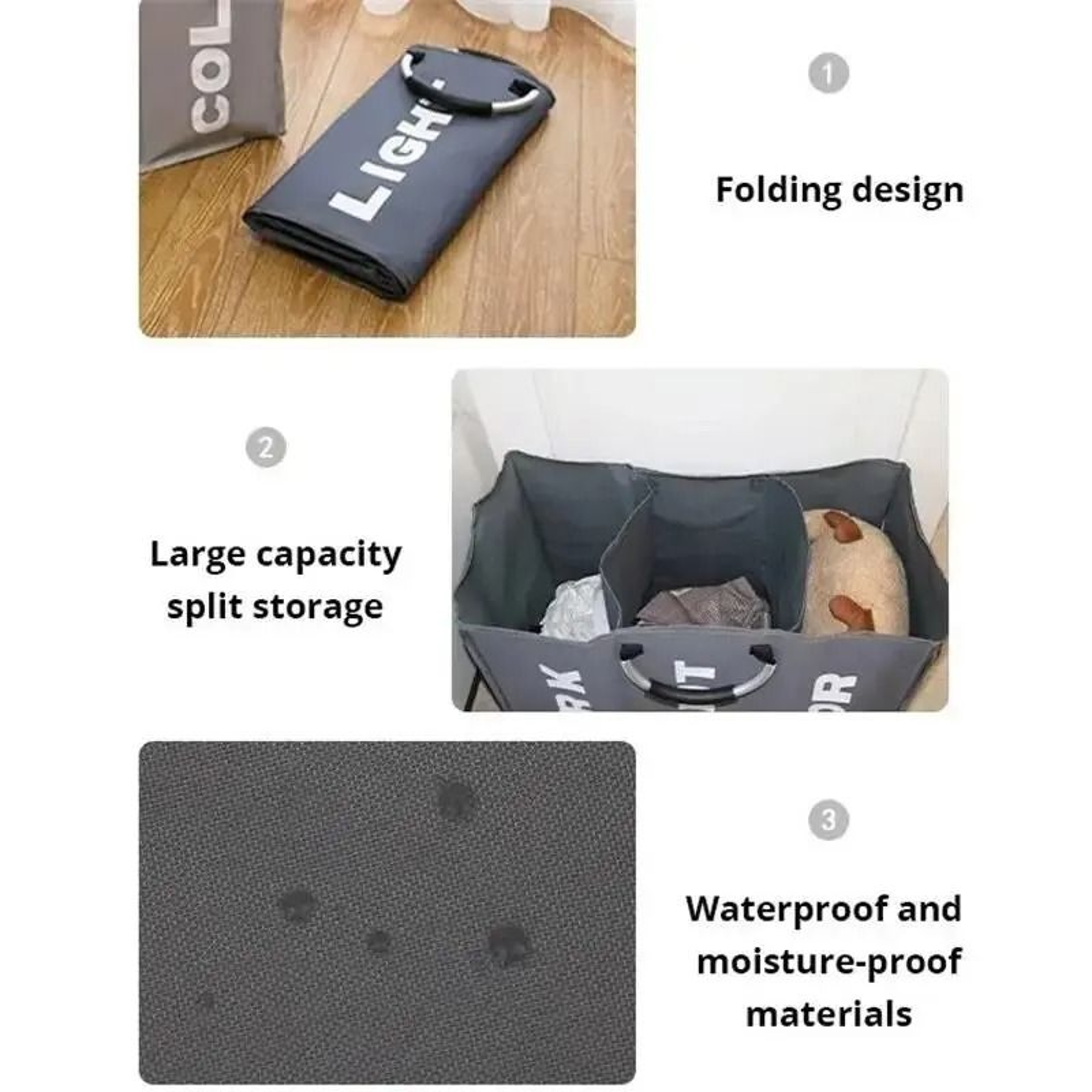 3Grid Foldable Laundry Basket  Durable Triple Compartment Dirty Clothes Hamper 4