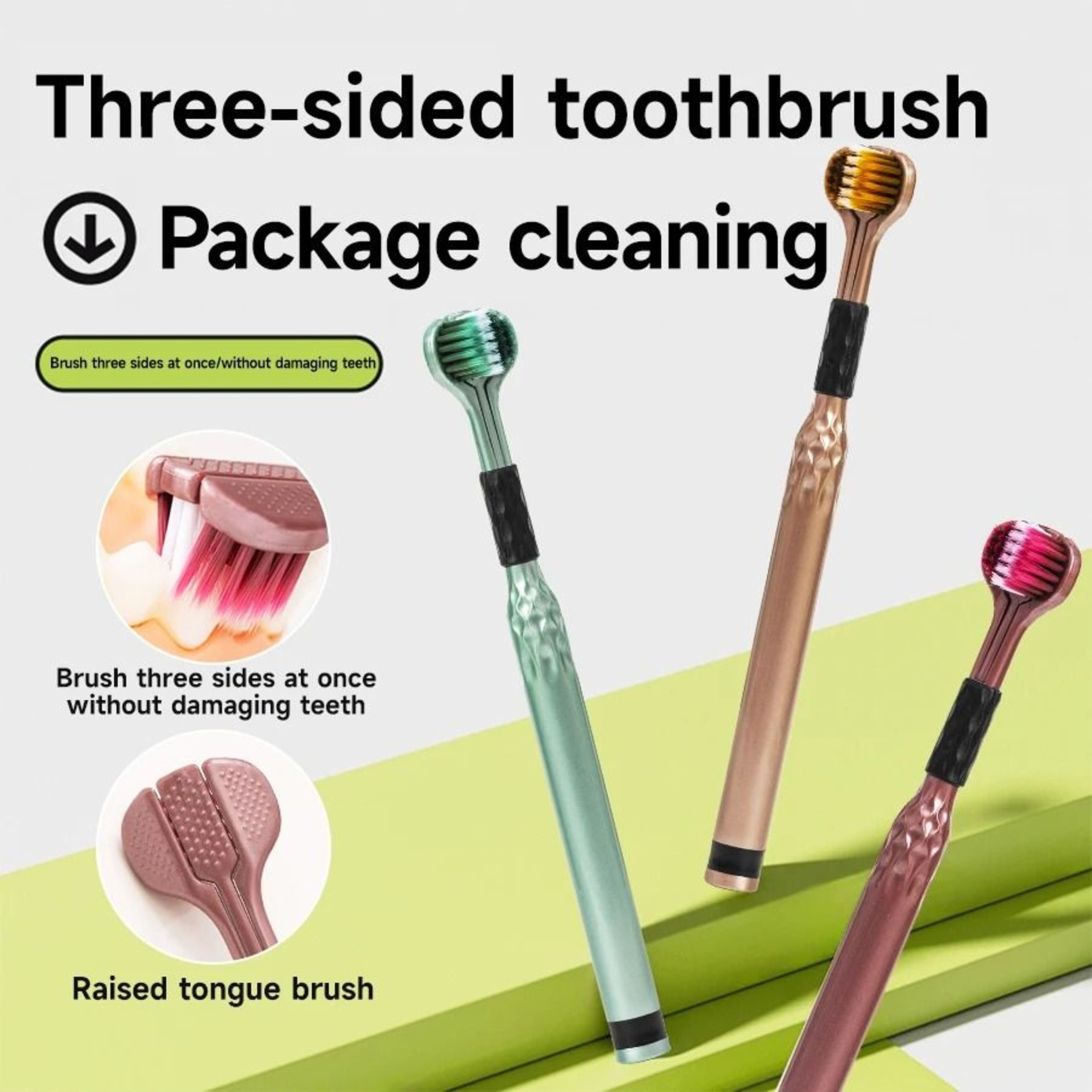 3Sided Comprehensive Deep Cleaning Toothbrush With Raised Tongue Scraper 2Pack 2