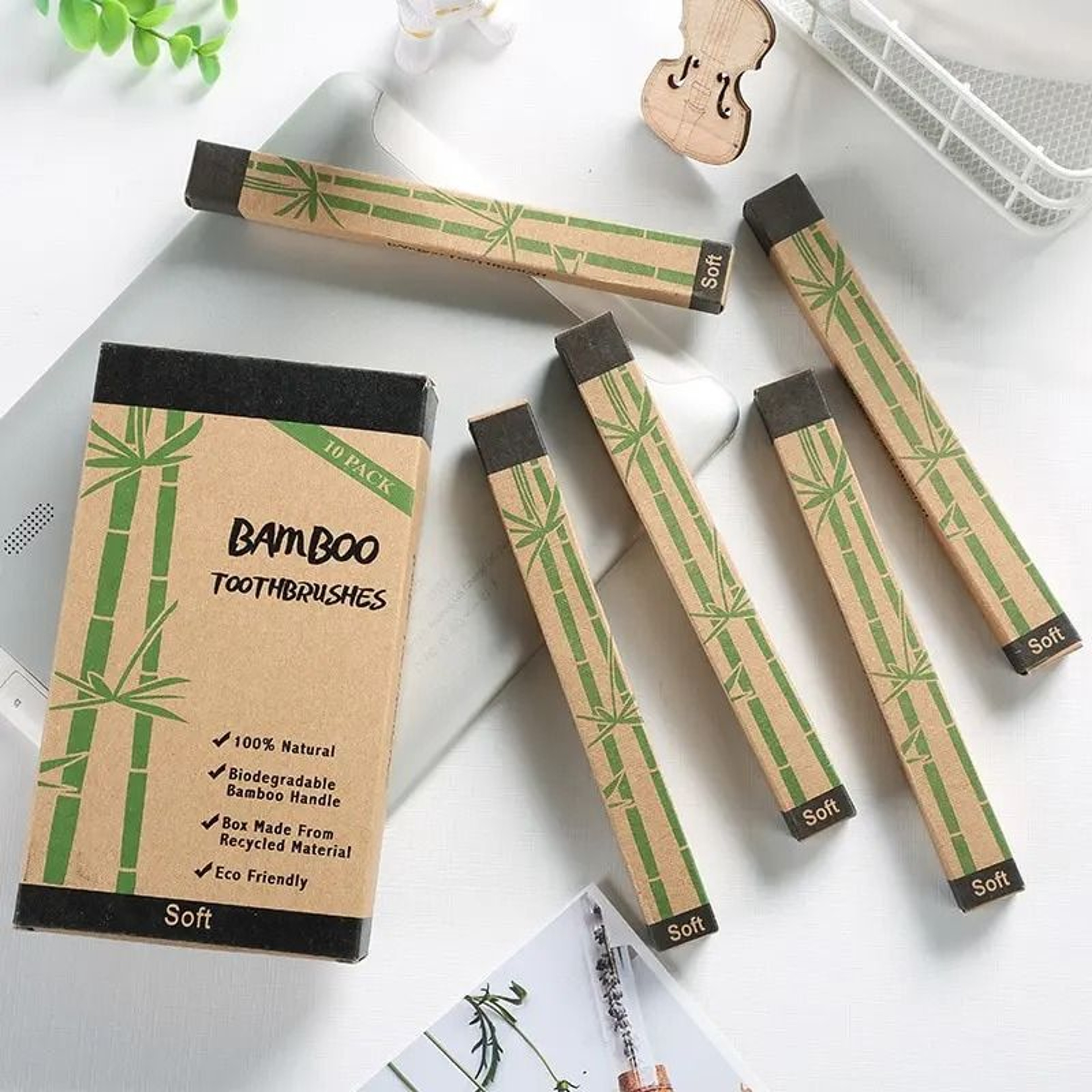 Natural EcoFriendly Bamboo Toothbrush Set Colorful 10Piece Value Pack 0