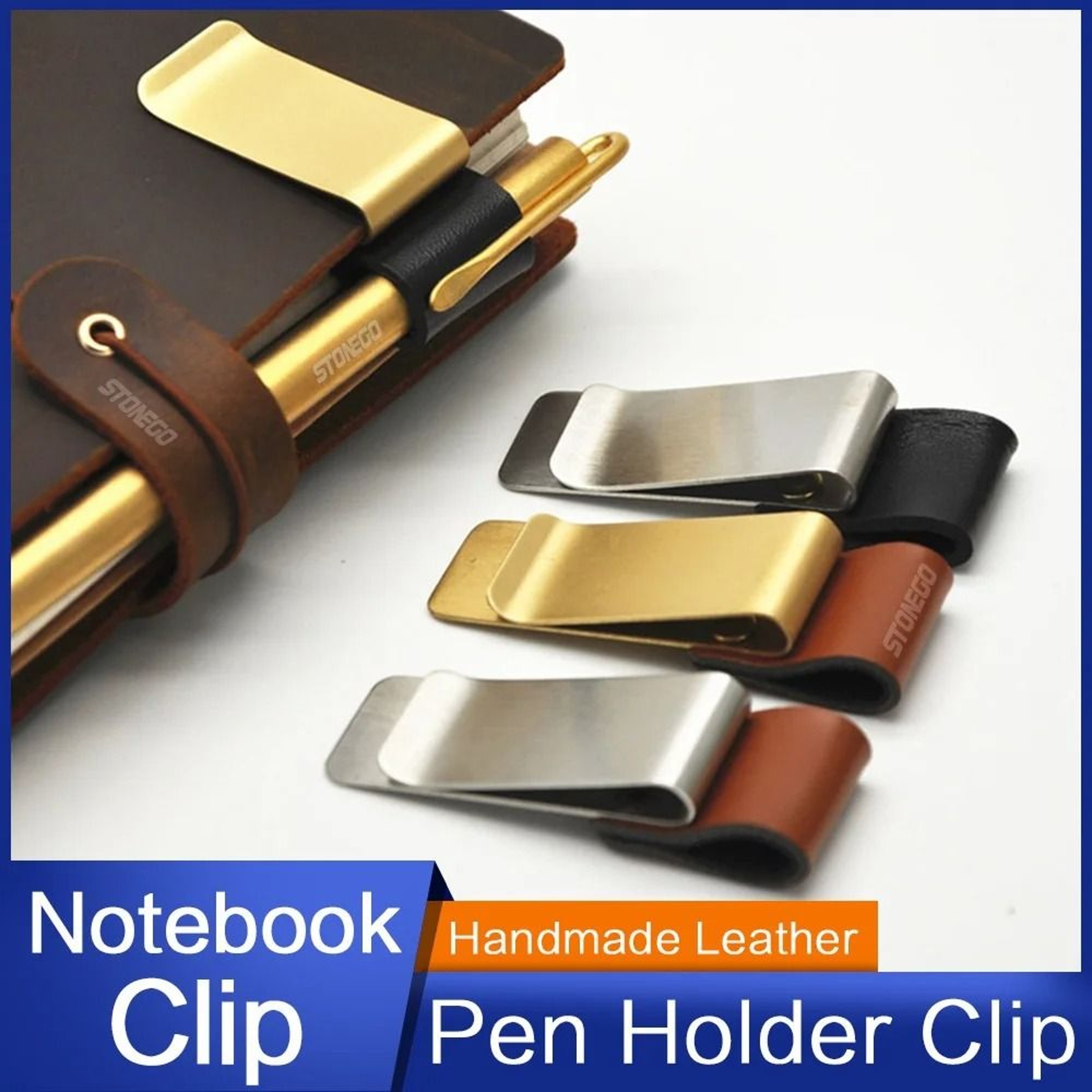 Vintage Style Leather  Brass Pen Holder Clip  Notebook  Journal Accessory 0