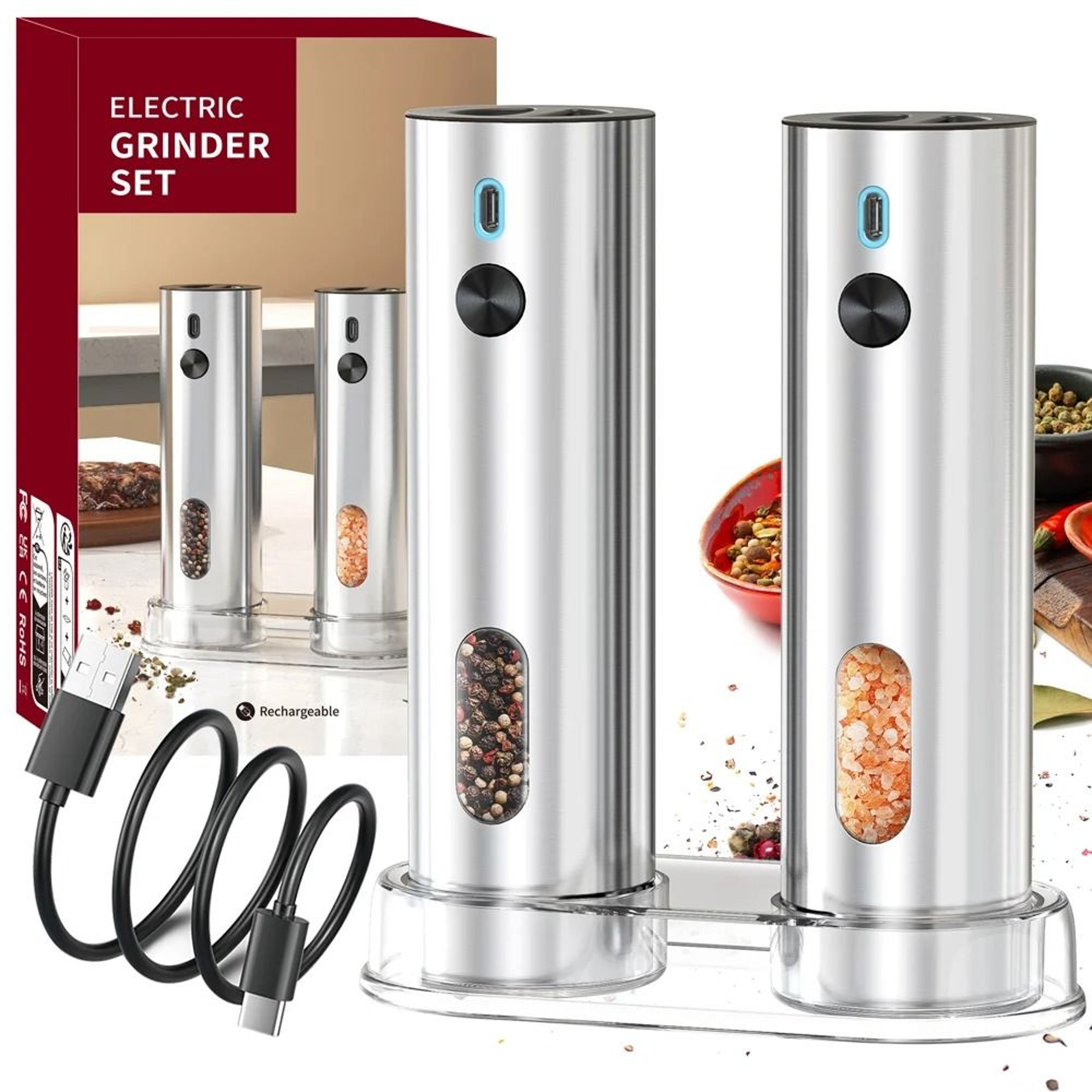 Stainless Steel Electric Pepper Grinder  USB Rechargeable Automatic Mill Set 1
