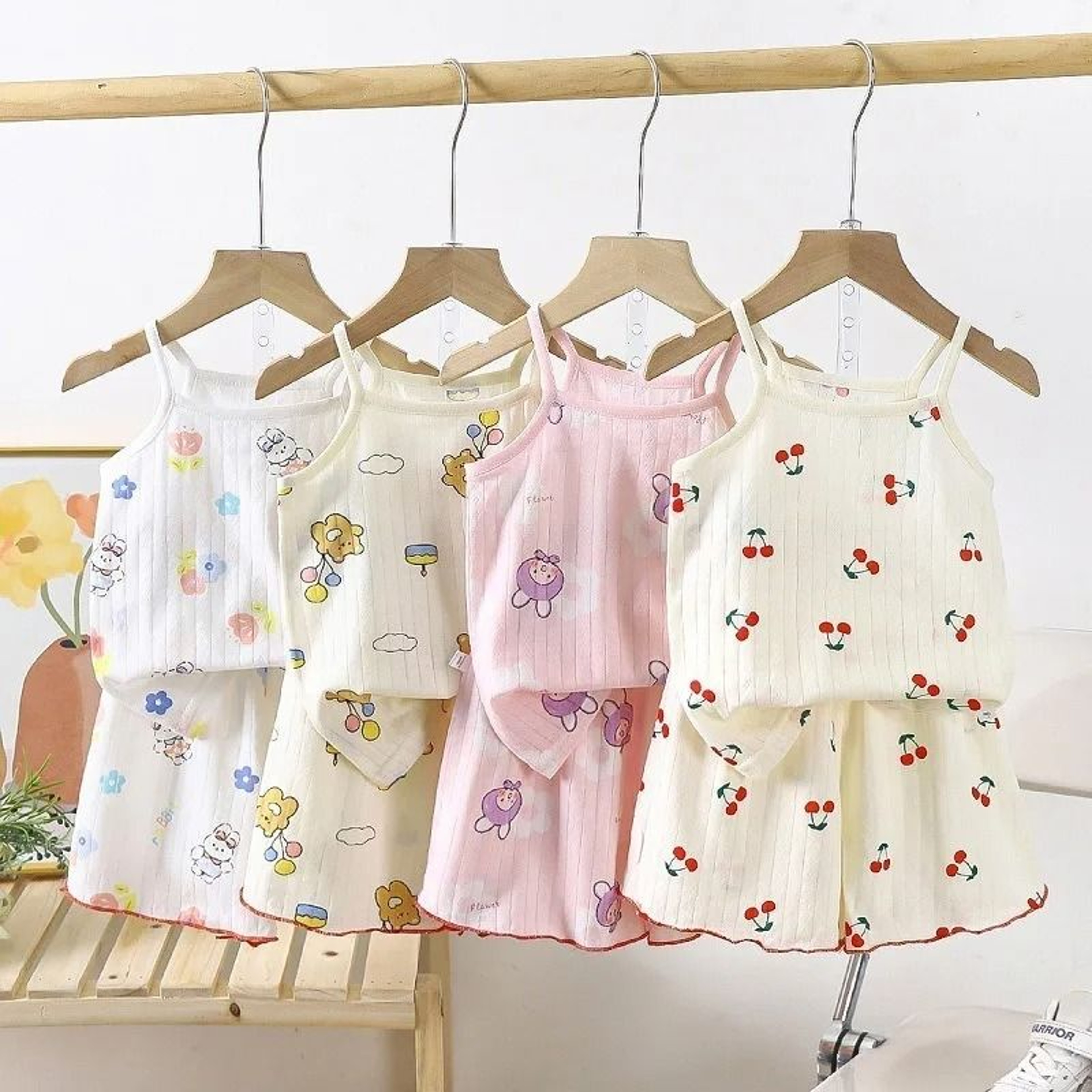 Summer Girls Cotton Suspender Set  Cute Sleeveless Pajamas  Shorts 2Piece Set 2