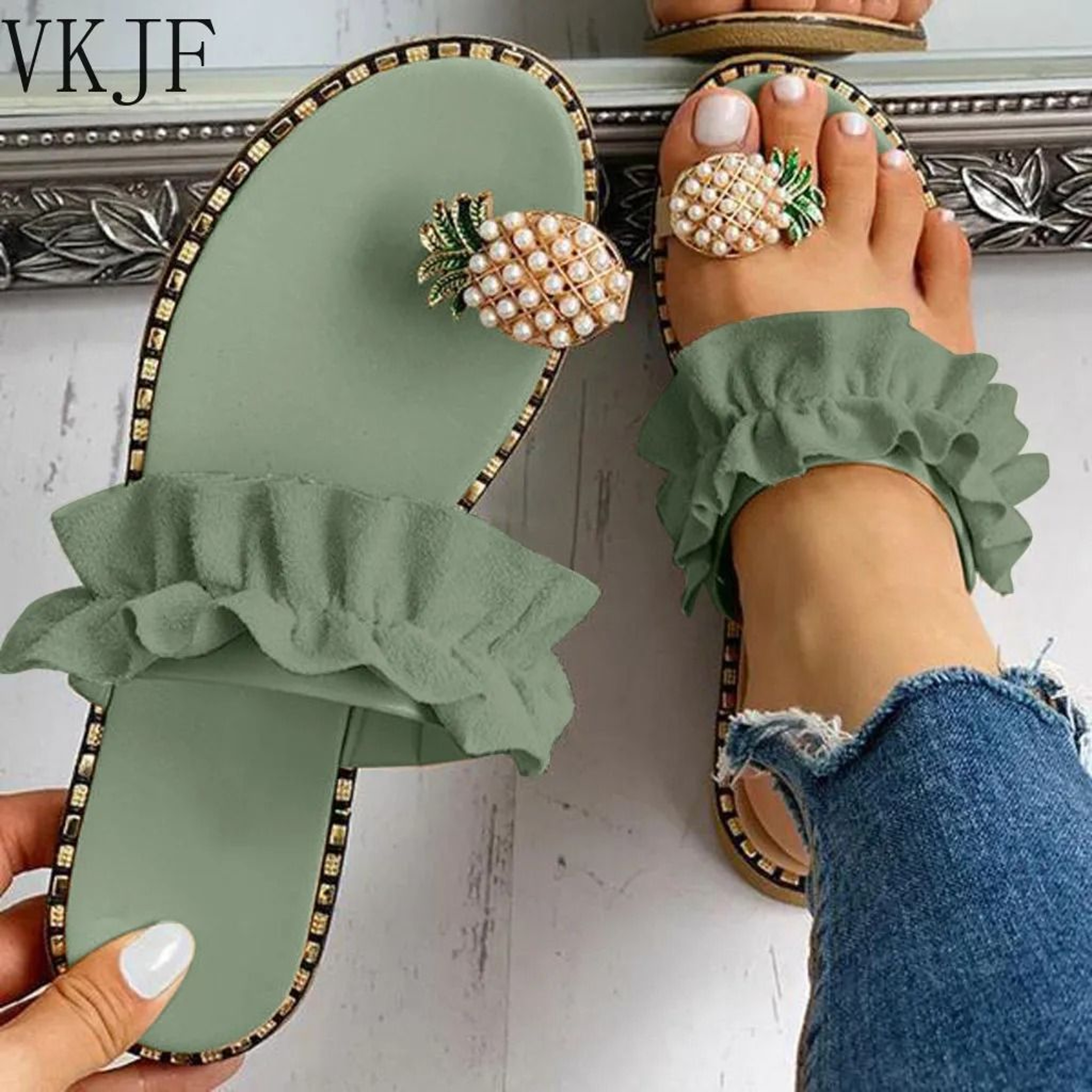 Bohemian Pineapple Pearl Flat Sandals  Summer Beach Slipper 0