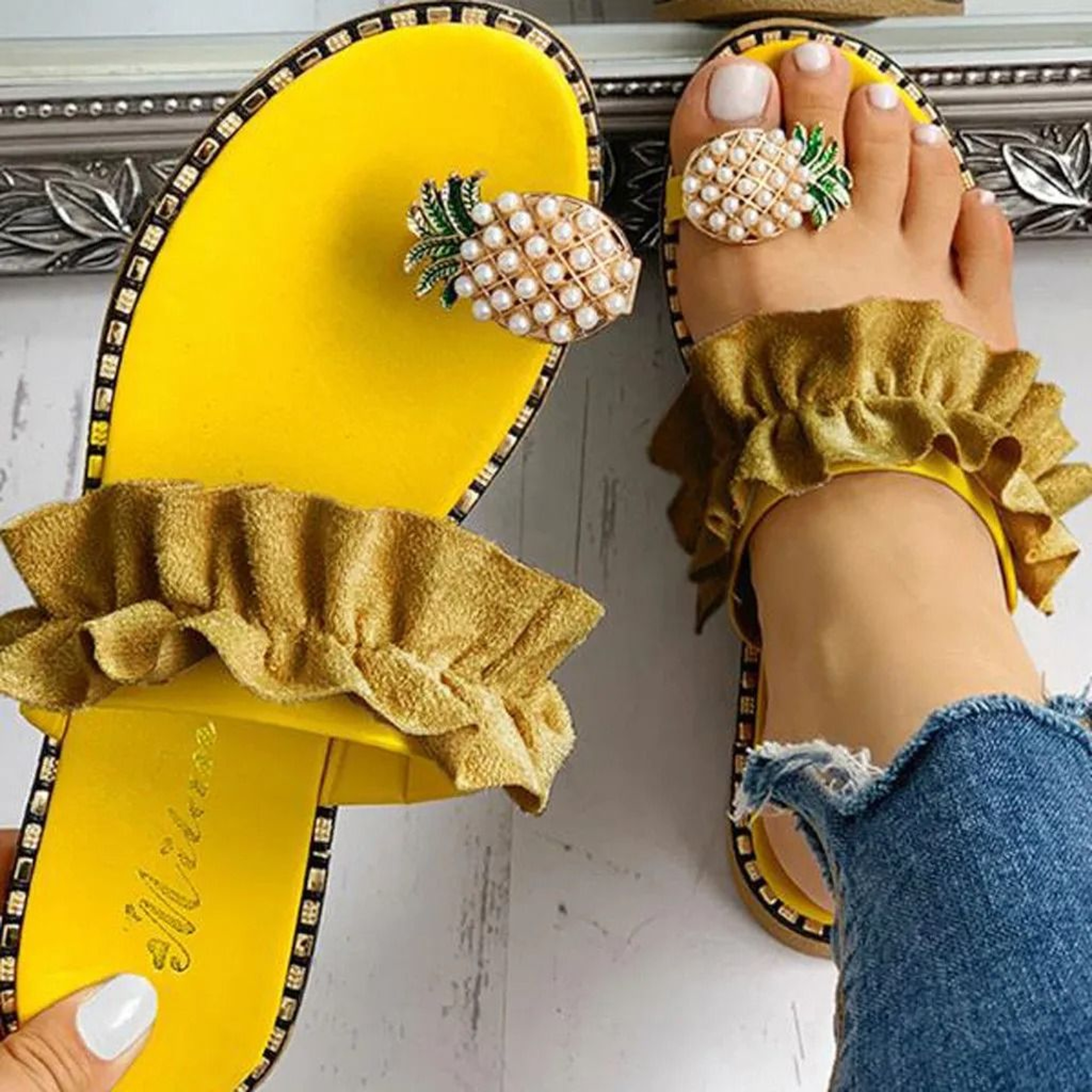 Bohemian Pineapple Pearl Flat Sandals  Summer Beach Slipper 9