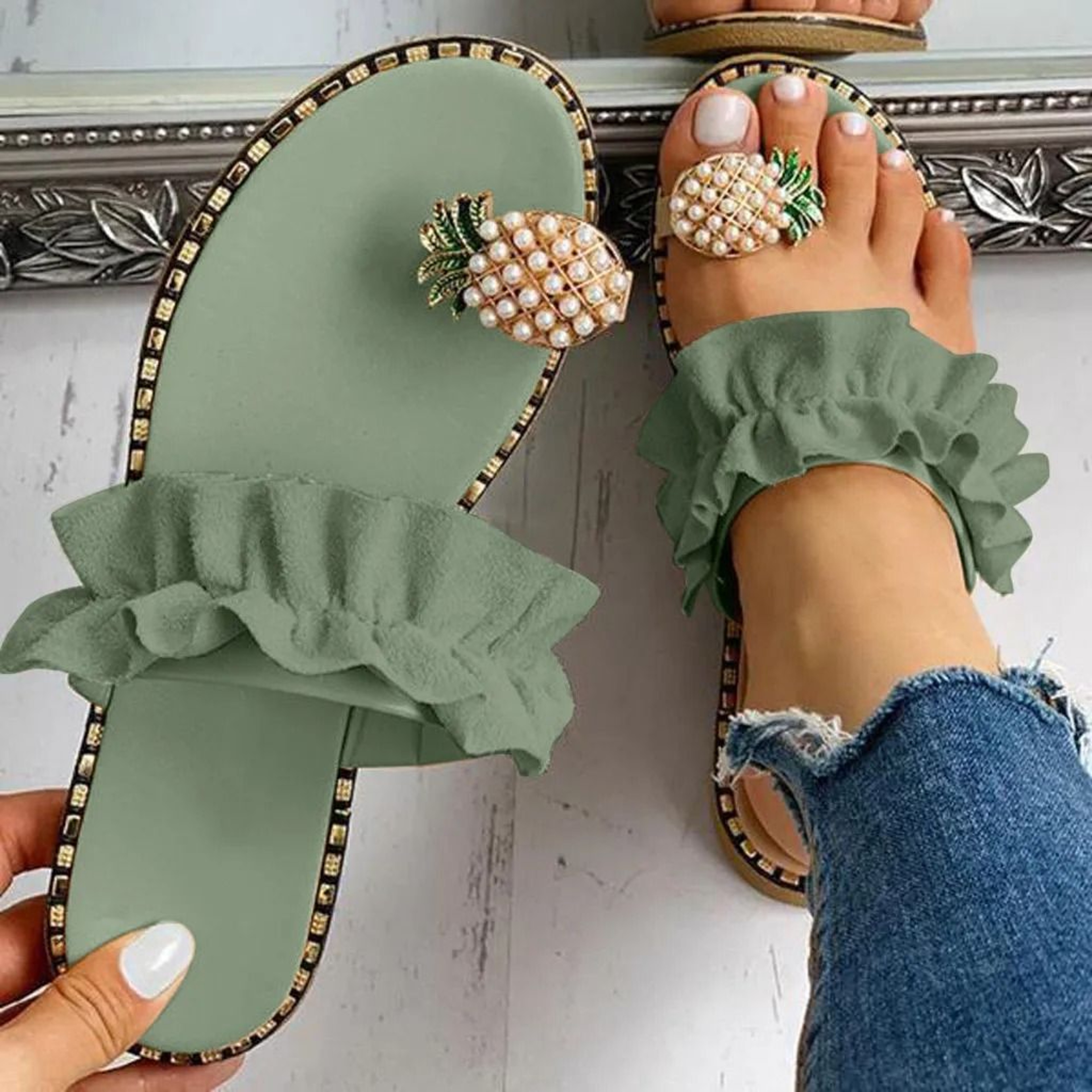 Bohemian Pineapple Pearl Flat Sandals  Summer Beach Slipper 6