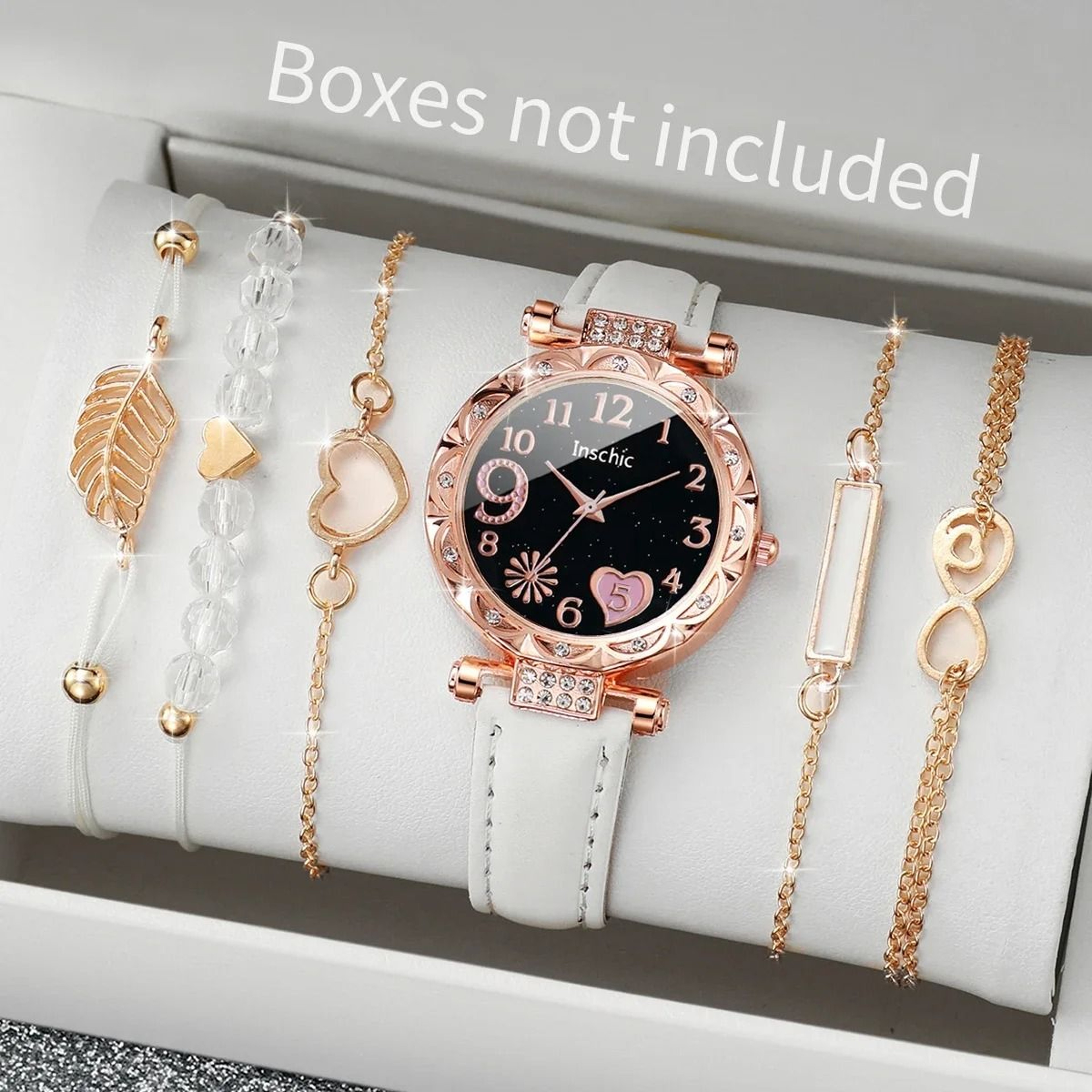 6Piece Fashion Heart Dial Watch Set  Elegant Leather Band  Leaf Bracelet Collection 9