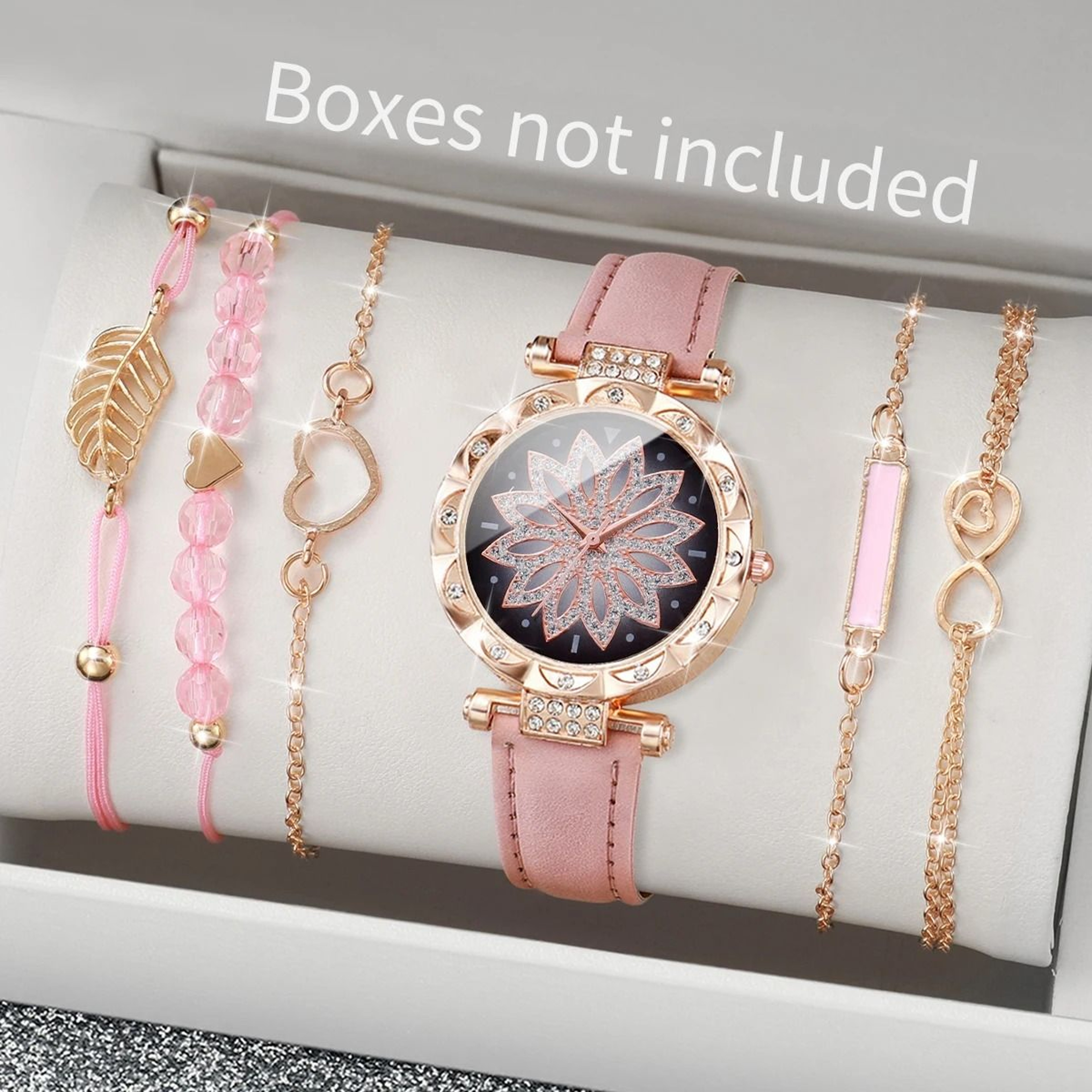 6Piece Fashion Heart Dial Watch Set  Elegant Leather Band  Leaf Bracelet Collection 10