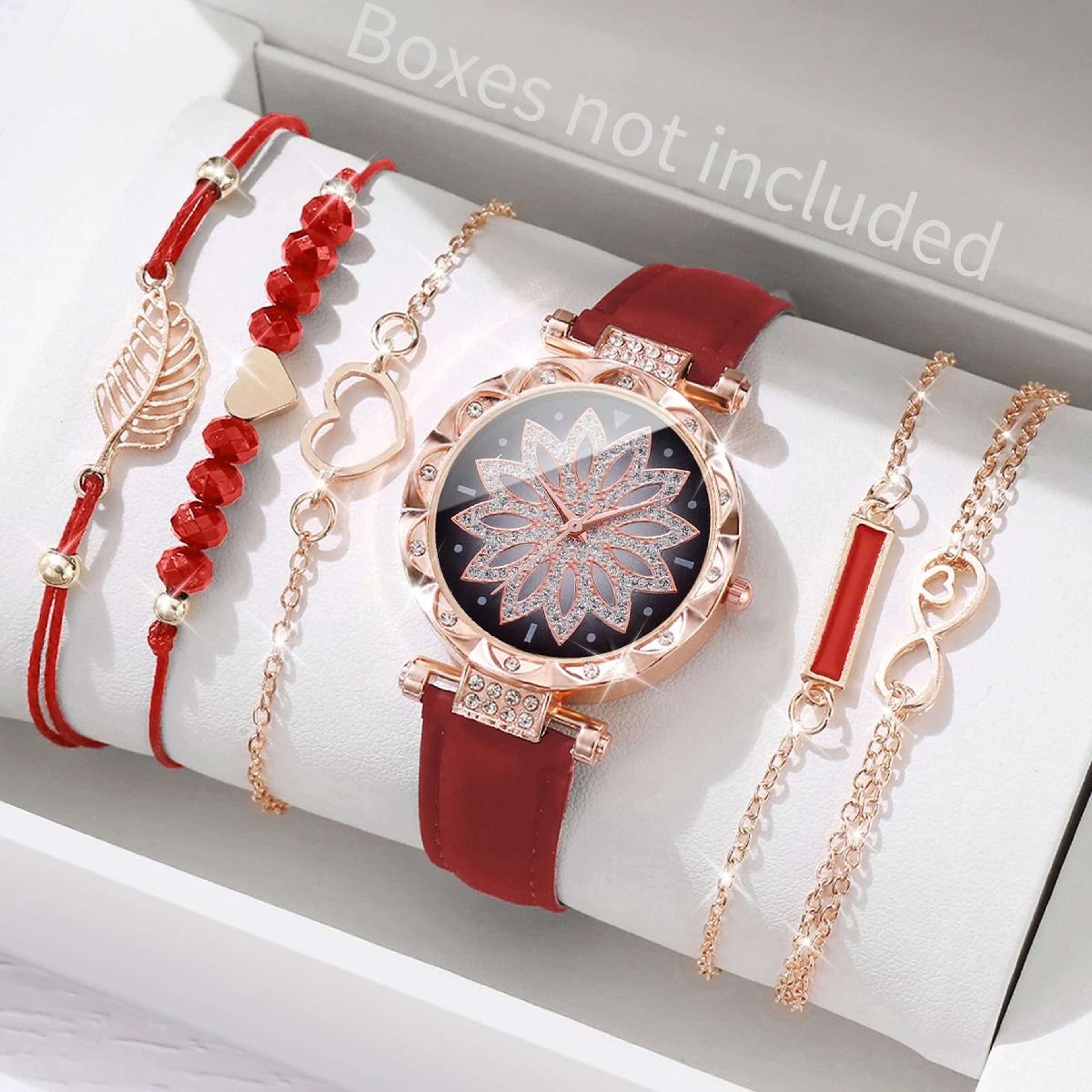 6Piece Fashion Heart Dial Watch Set  Elegant Leather Band  Leaf Bracelet Collection 11