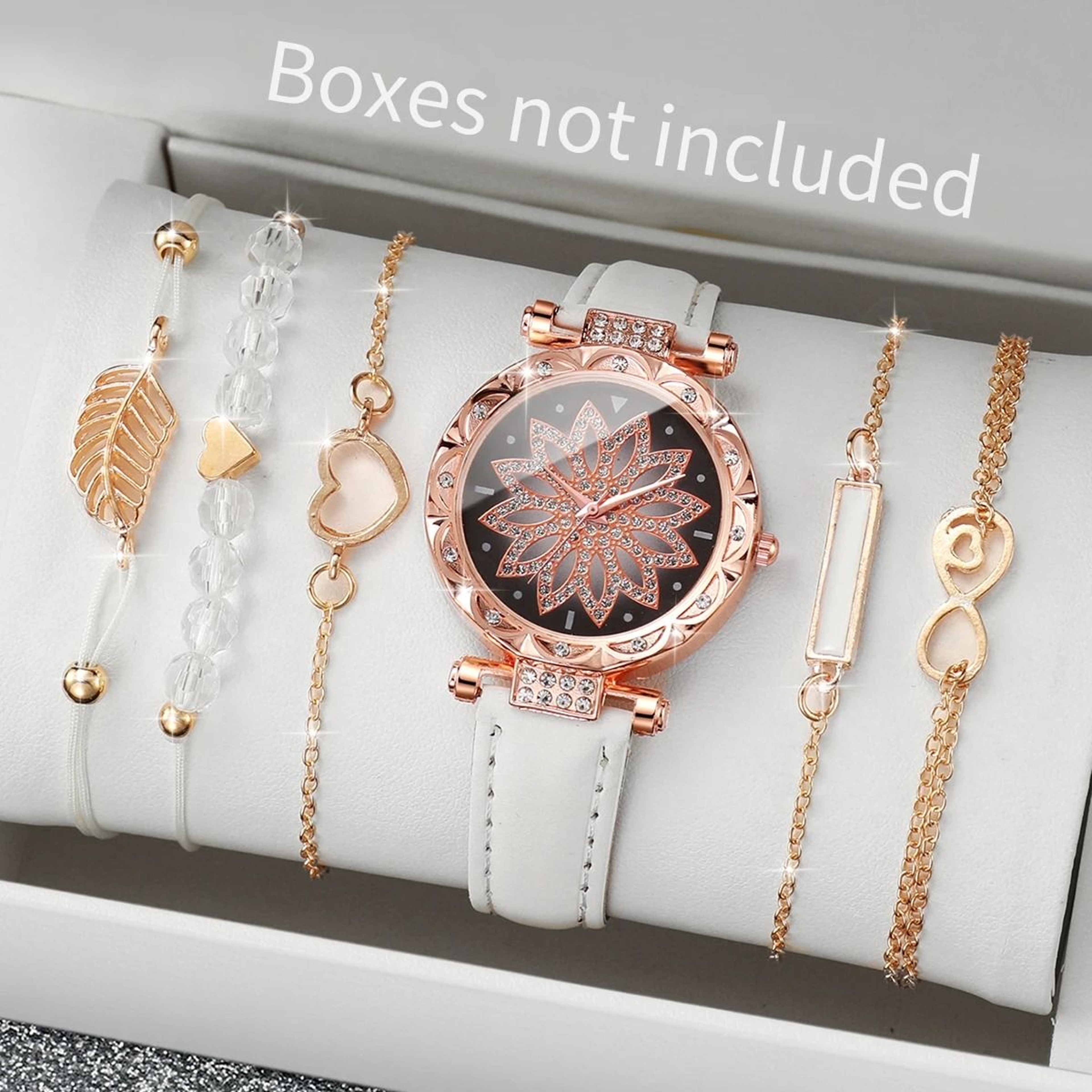 6Piece Fashion Heart Dial Watch Set  Elegant Leather Band  Leaf Bracelet Collection 13
