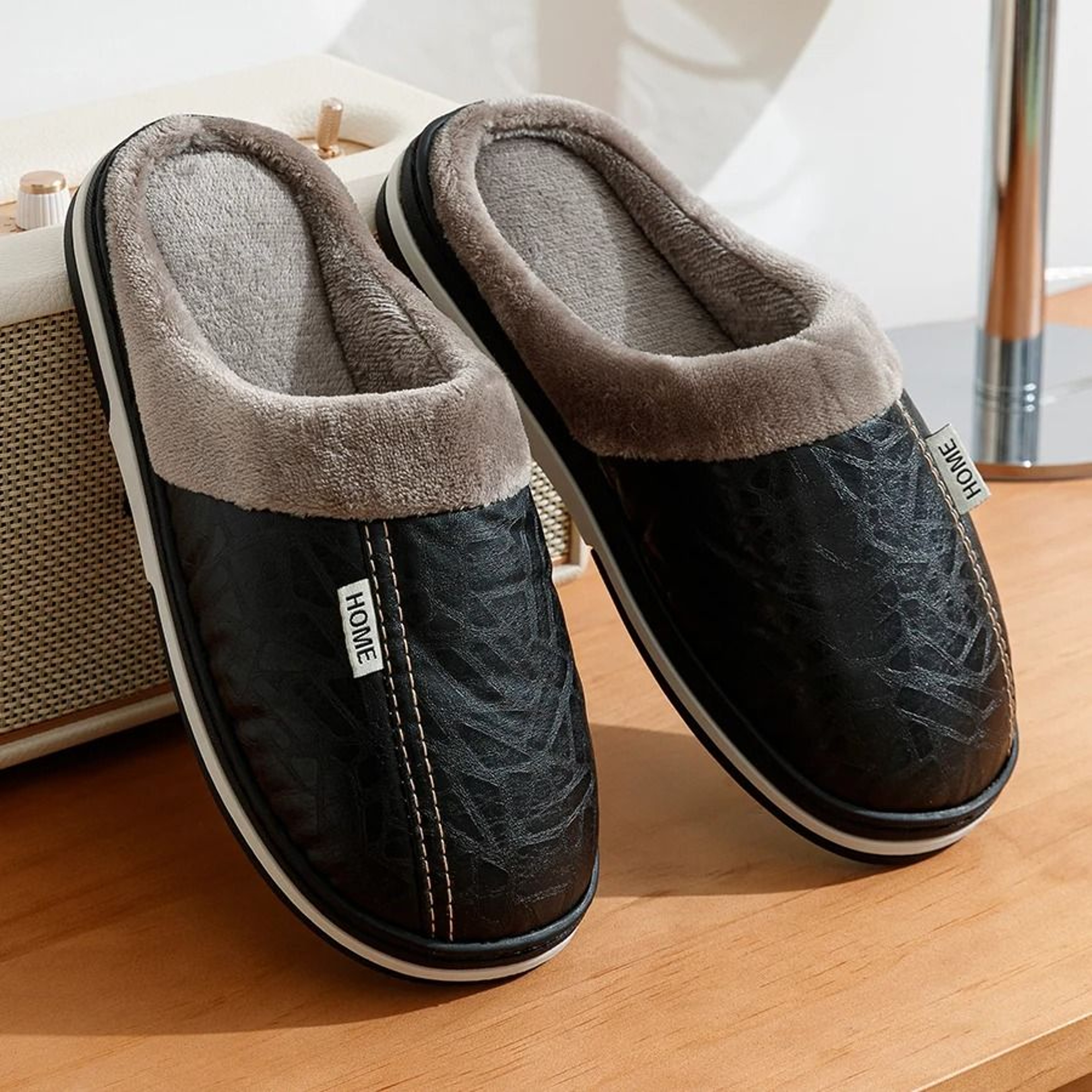 PU Leather Big Sizes Mens Slippers  Waterproof Winter Home Houseshoes 0