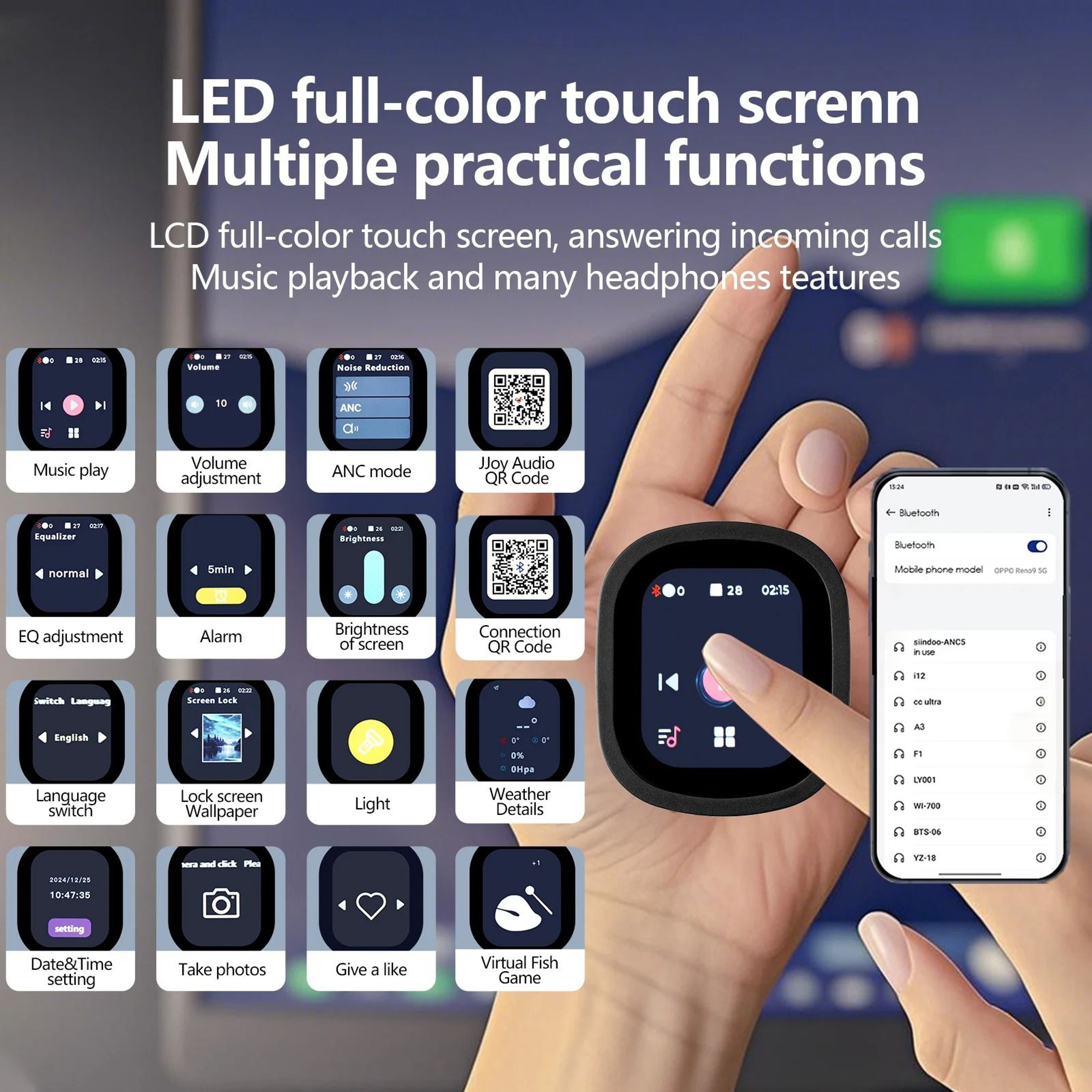 Hybrid Active Noise Cancelling Wireless Headphones  Touch Control With Integrated LED Screen 2