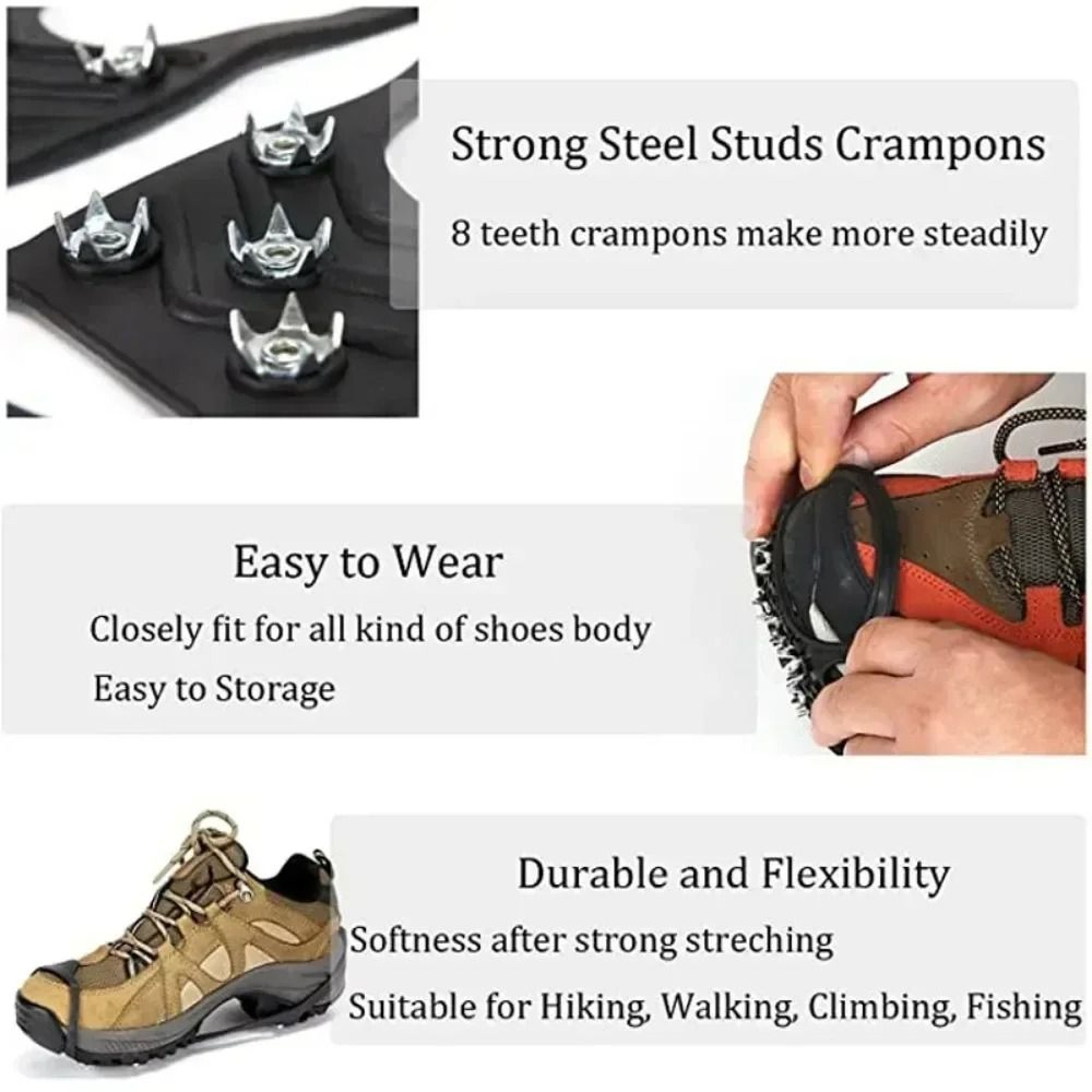 8Teeth Professional Ice Grippers  HeavyDuty AntiSlip Snow Crampons For Hiking  Climbing 3