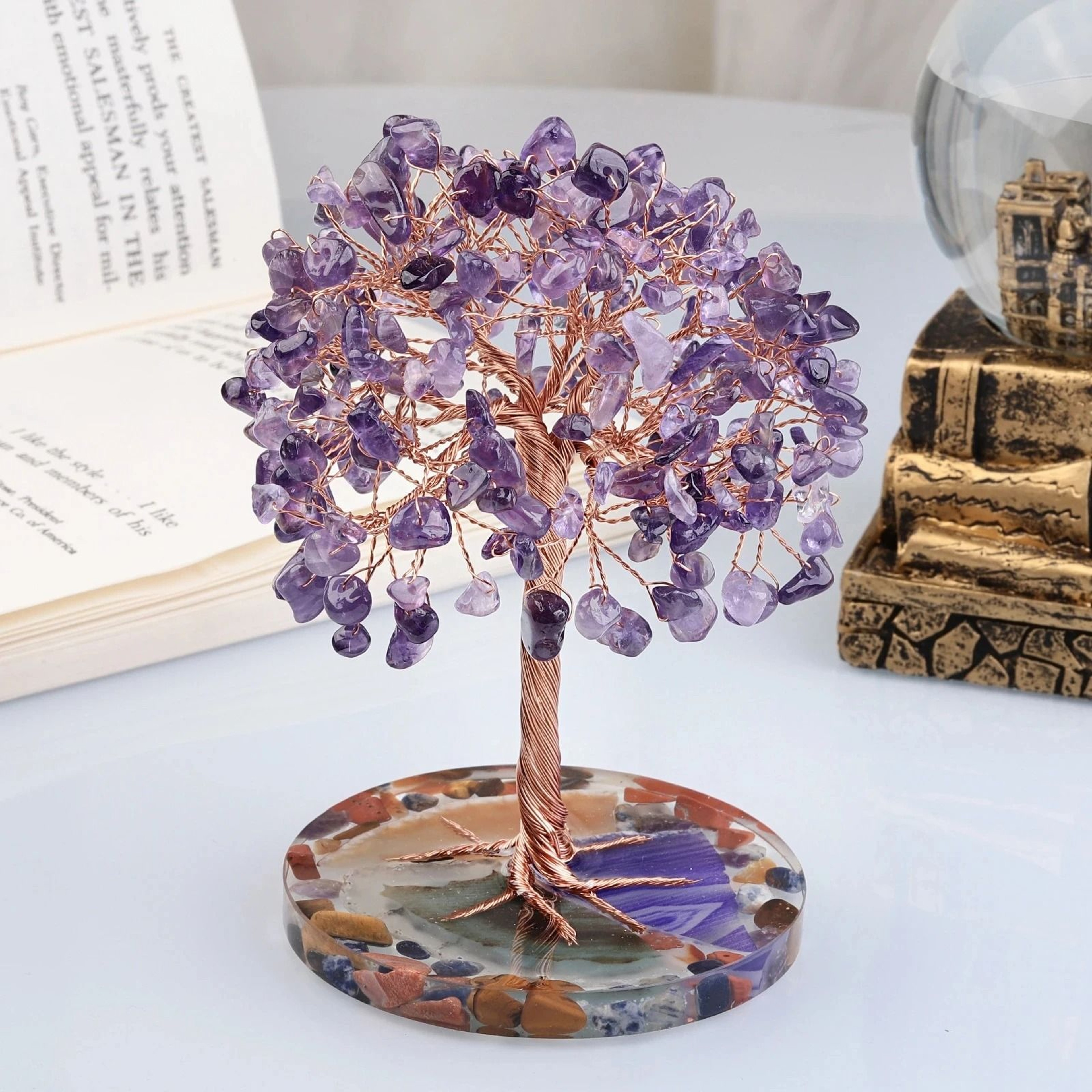 Super Mini Crystal Money Tree  Healing Gemstone Decor With Agate Slice Base 0