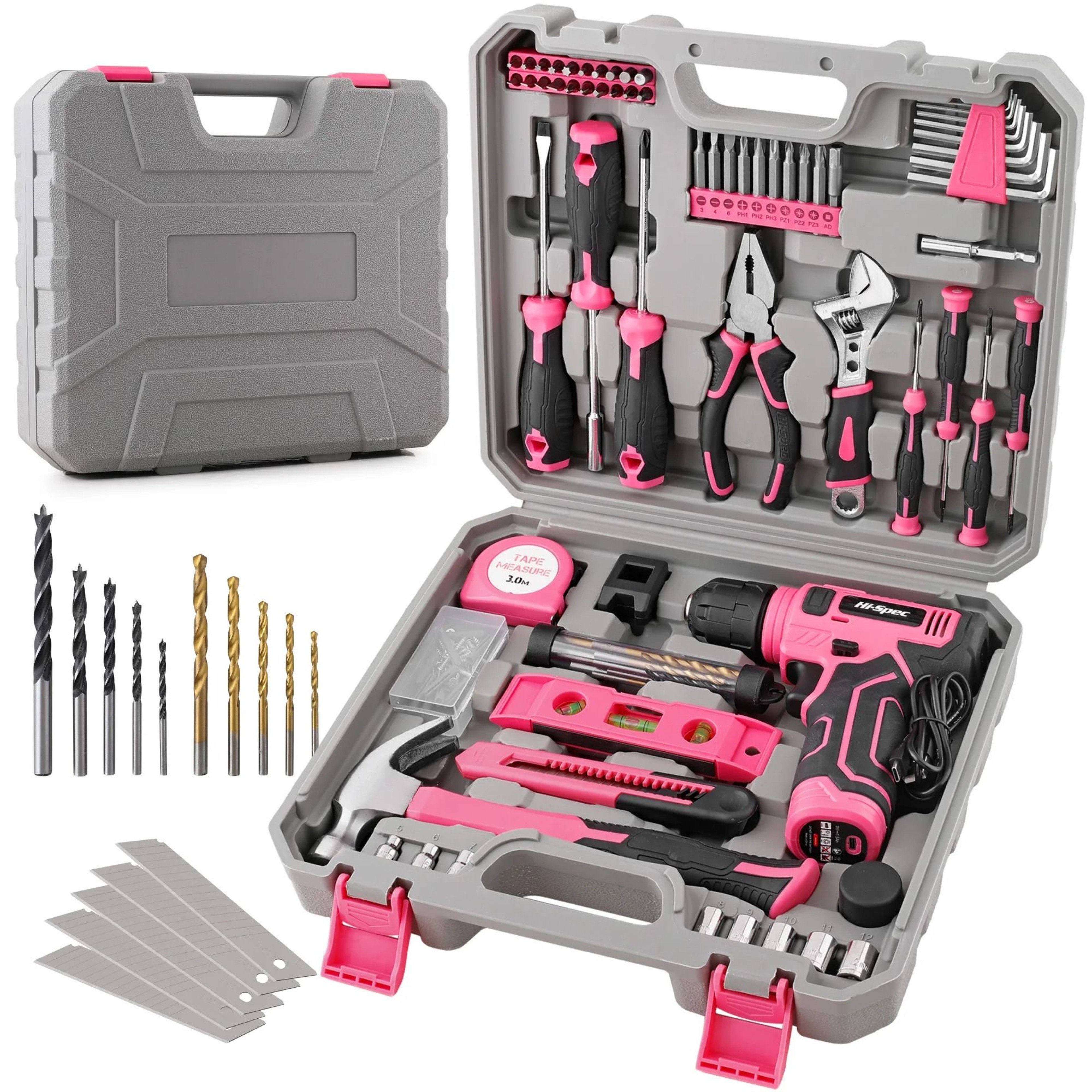 133PC Power Tool Set With 8V Lithium Drill  Pink Home Repair Toolbox  Precision Bit Kit 0
