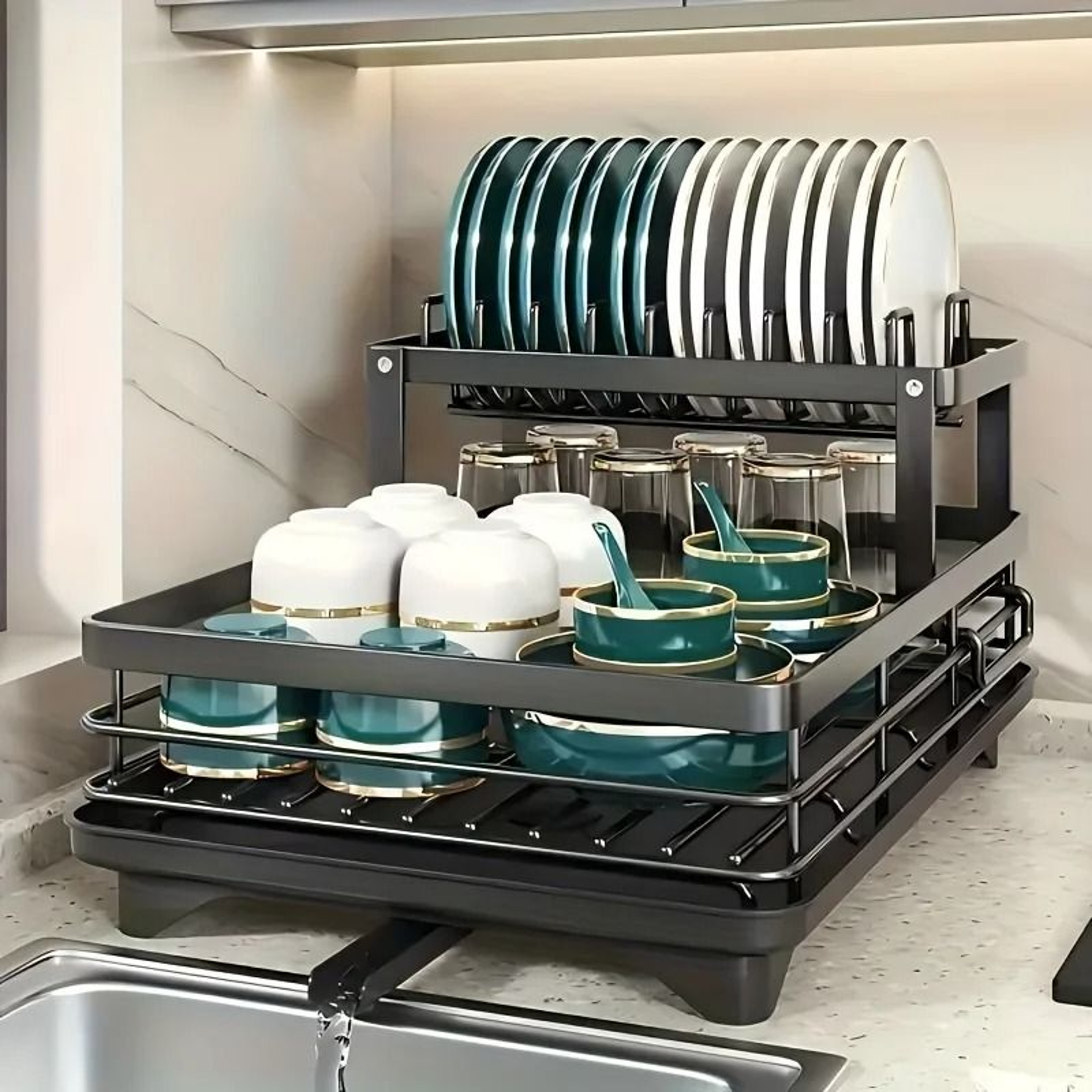 DoubleTier Extendable Dish Drainer  HighCapacity Utensil Rack  Kitchen Draining System 2