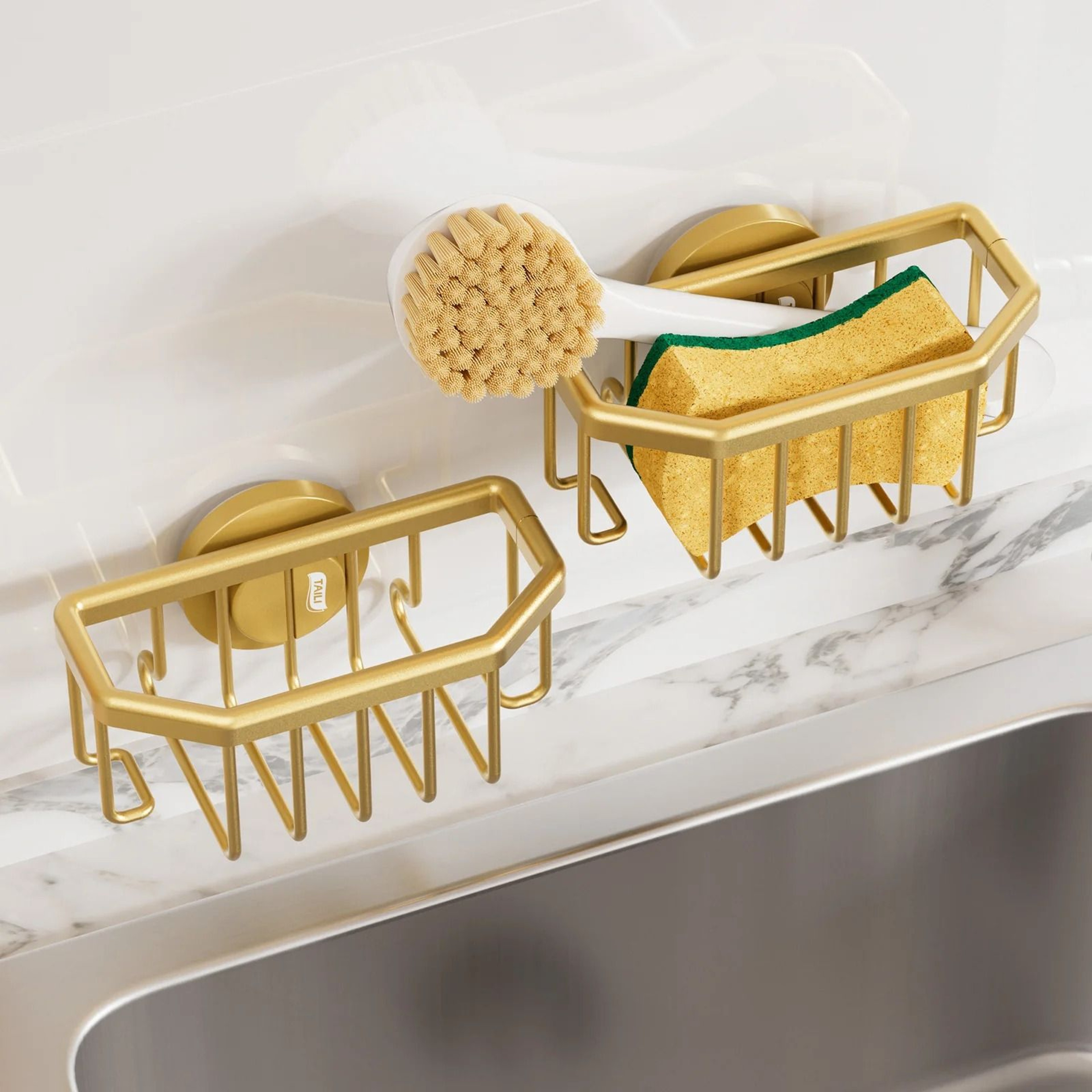 Gold Kitchen Sink Caddy  Rustproof Aluminum Sponge  Brush Holder With Strong Suction 0