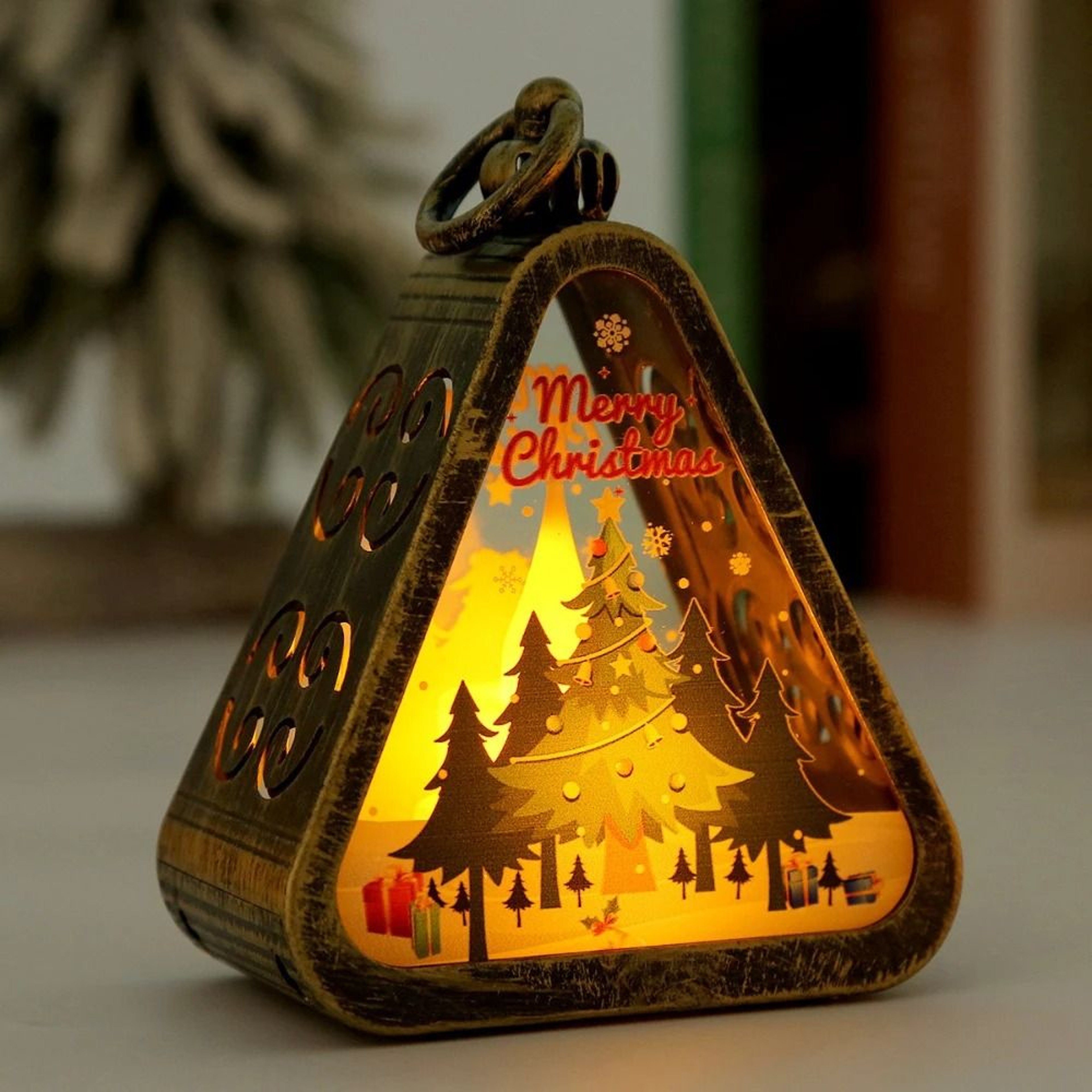 Mini Christmas LED Triangle Lantern  Festive Santa  Snowman Table Ornament  Party Scene Prop 13