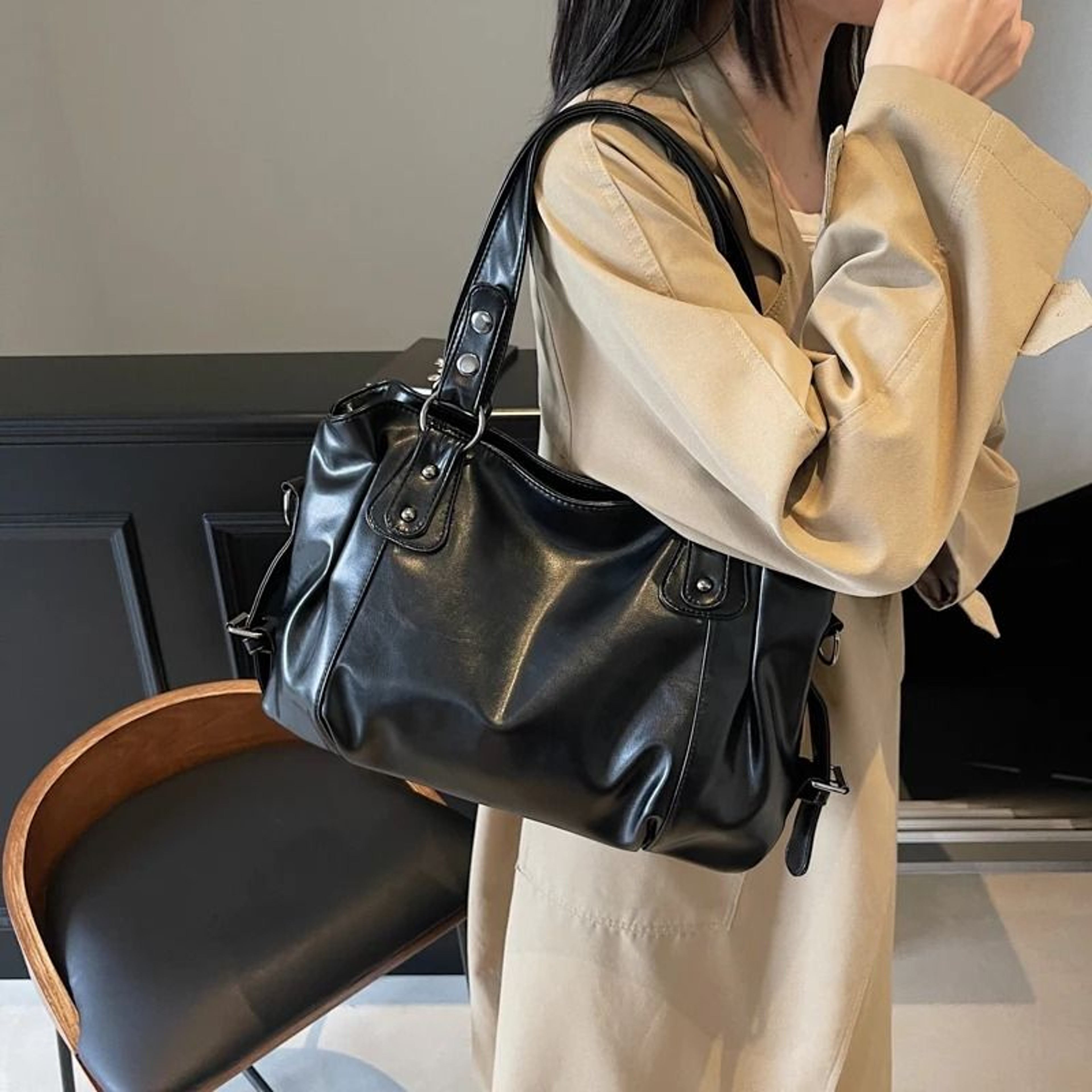 Womens Pure Color PU Retro LargeCapacity Tote 4