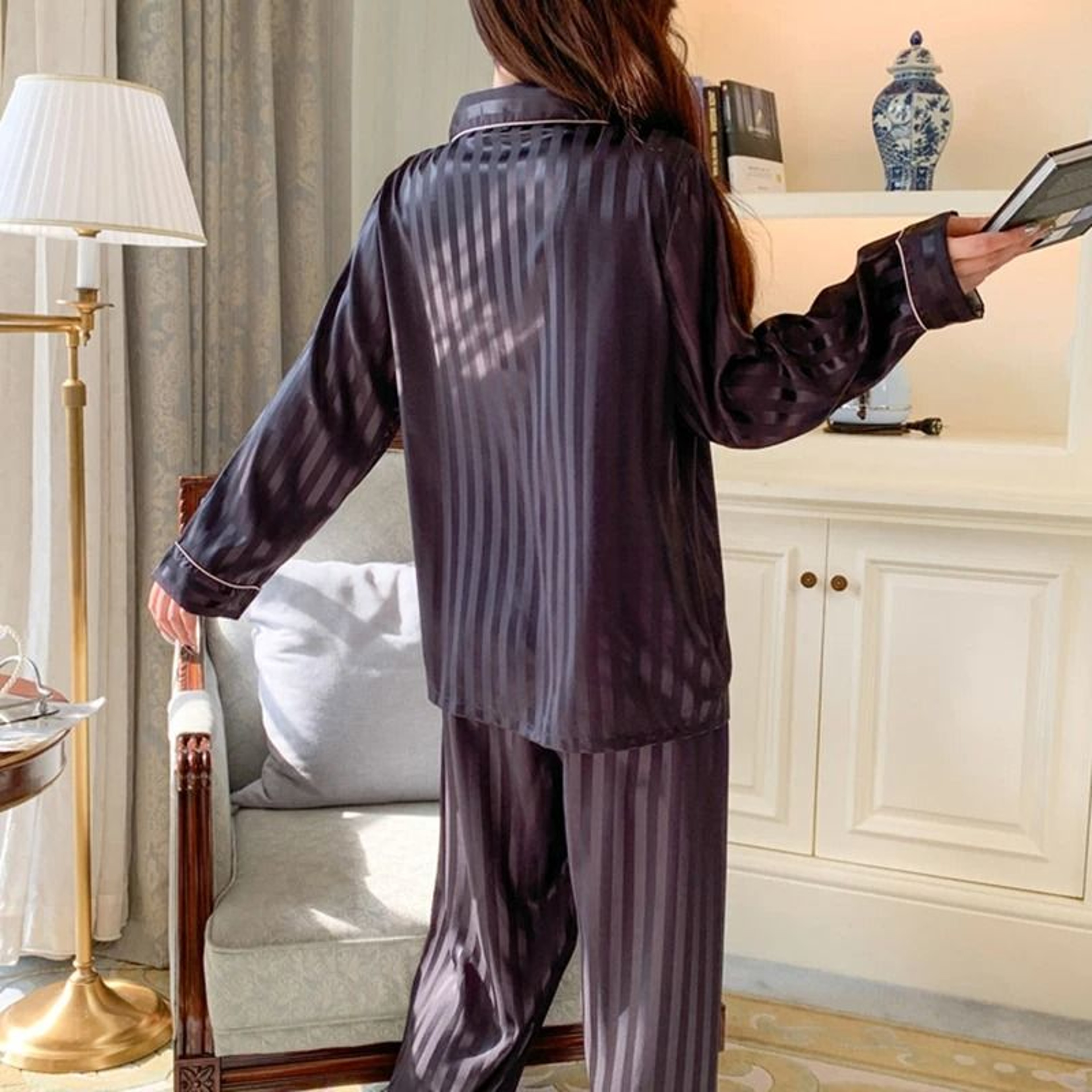 Luxe Frost Ice Silk Lounge Set  Lightweight Long Sleeve Sleepwear 2