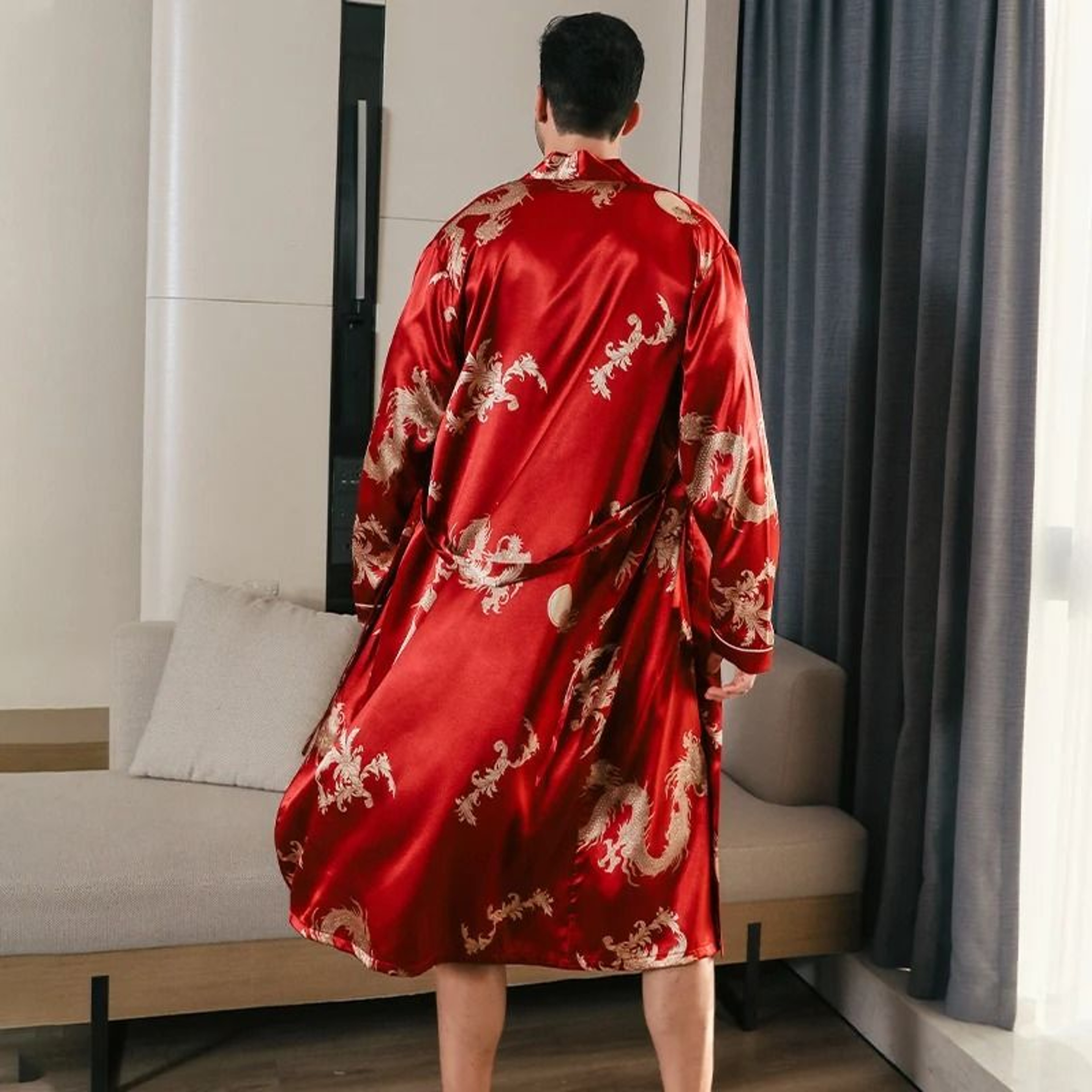 Mens Ice Silk LongSleeved Bathrobe  Lightweight Spring  Autumn Sleepwear 1