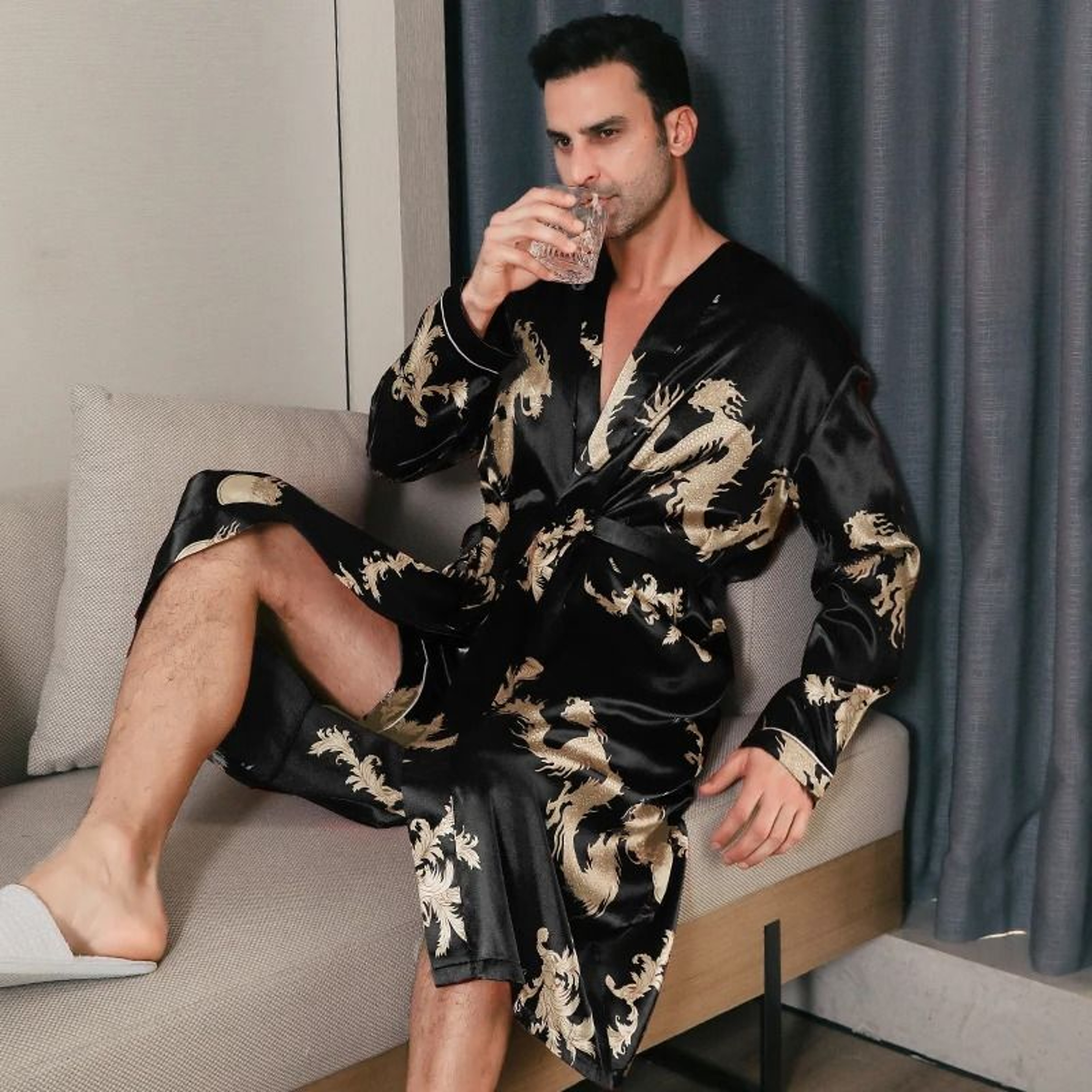 Mens Ice Silk LongSleeved Bathrobe  Lightweight Spring  Autumn Sleepwear 2